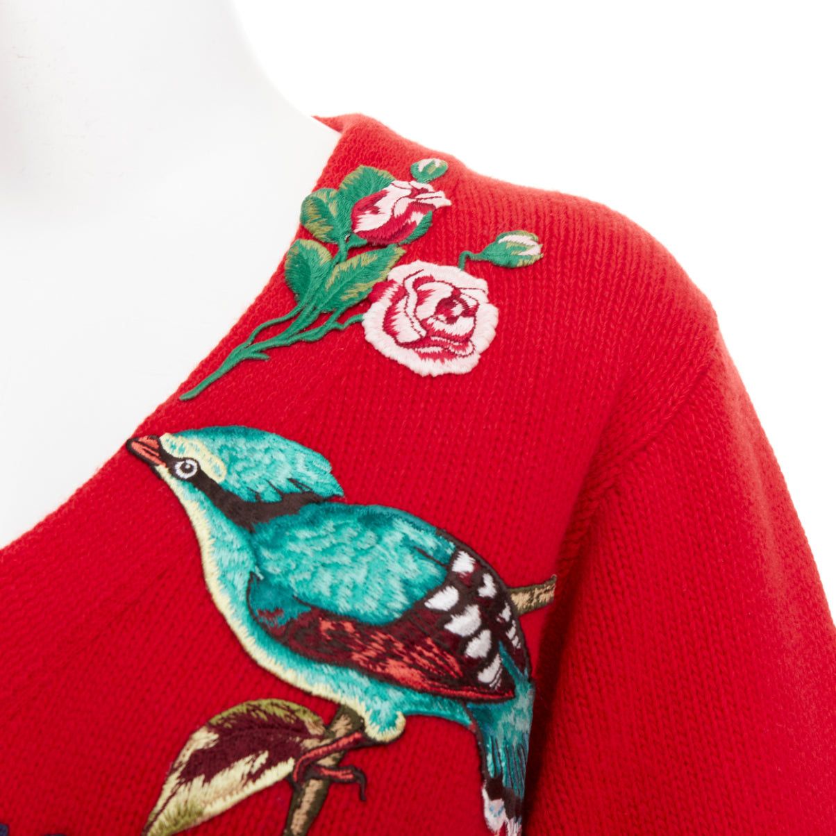 Gucci GUCCI 2017 Runway red wool Loved Bird floral embroidered red wool green embroidered sweater S Size S / US 4 / IT 40 - 2 Thumbnail