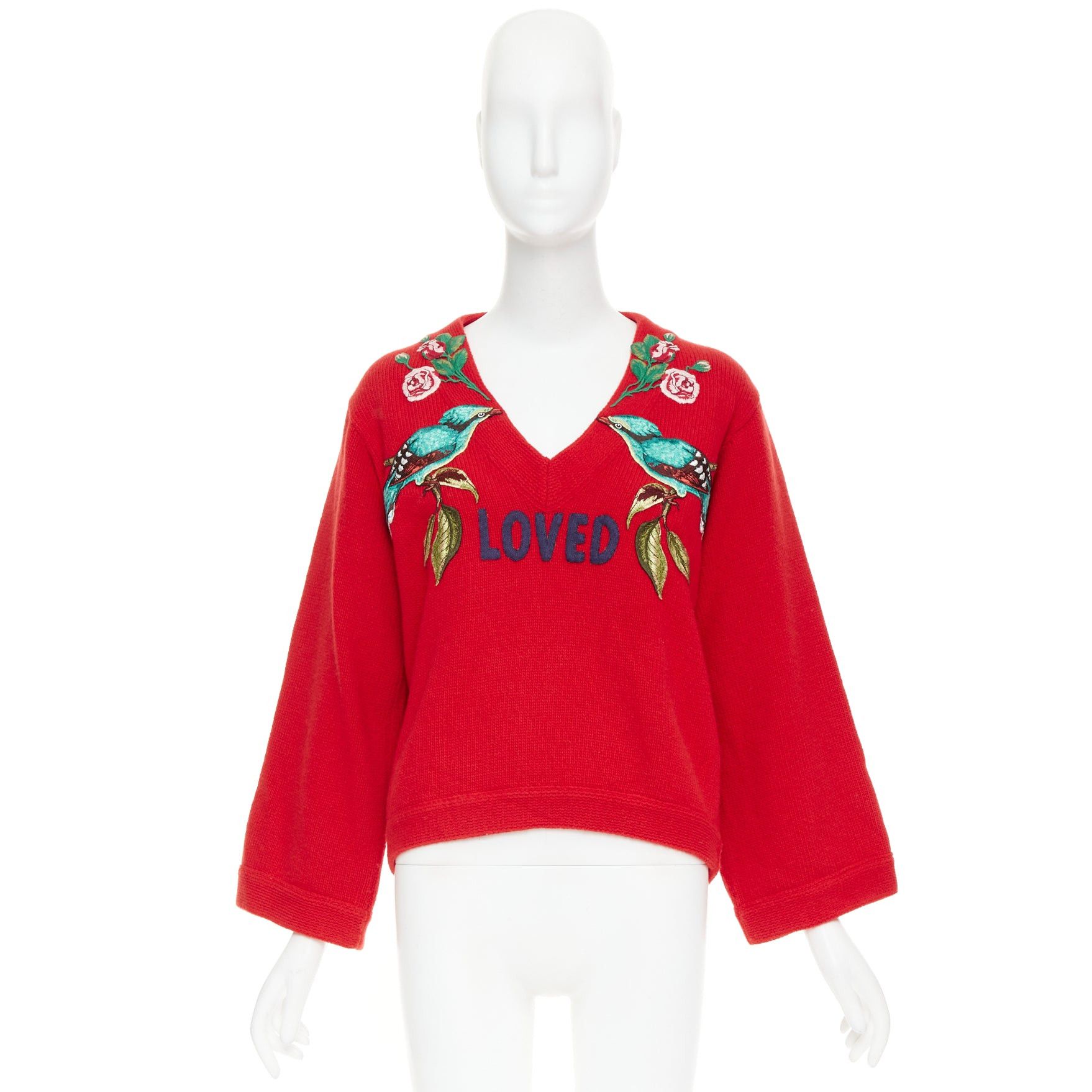 Gucci GUCCI 2017 Runway red wool Loved Bird floral embroidered red wool green embroidered sweater S Size S / US 4 / IT 40 - 9 Thumbnail