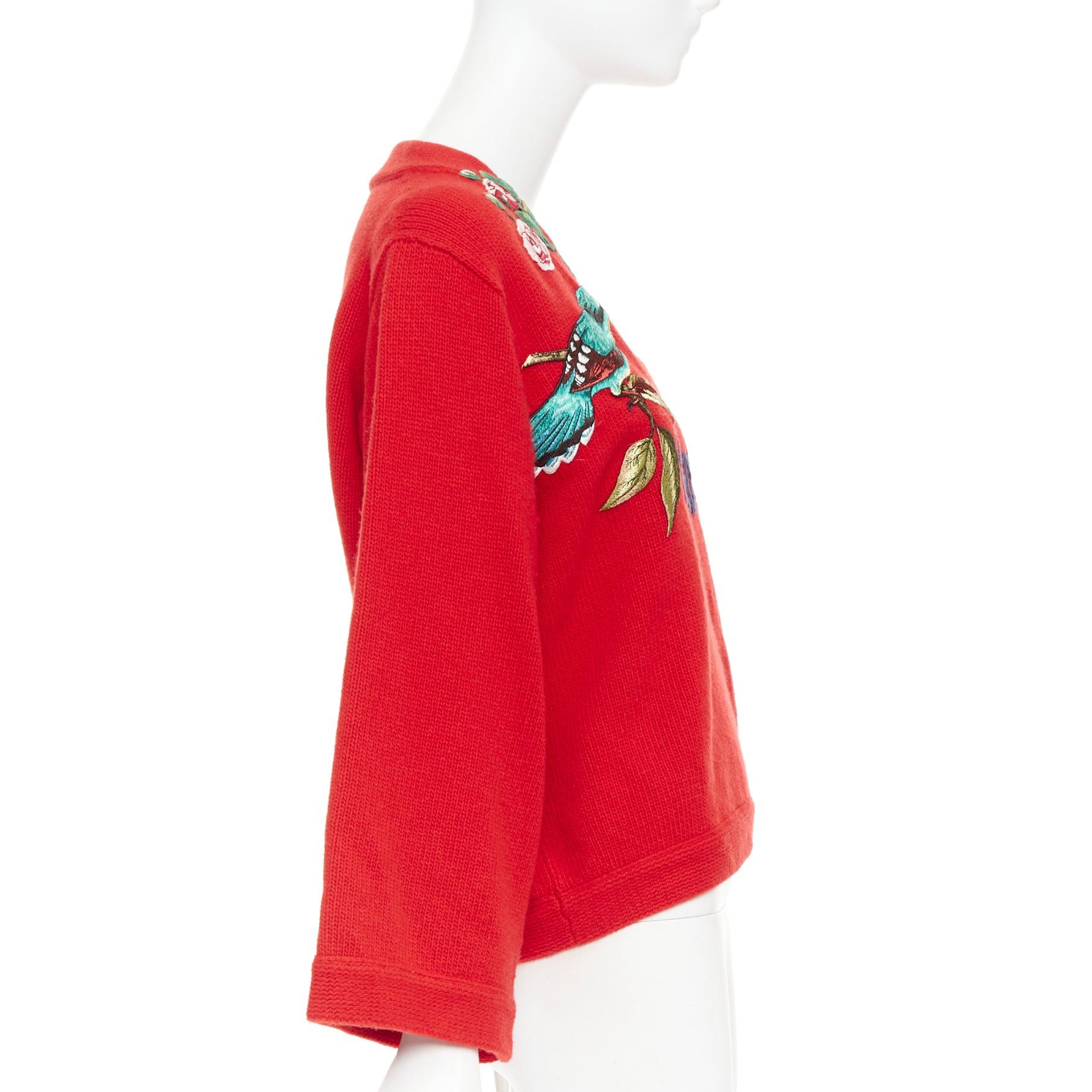 Gucci GUCCI 2017 Runway red wool Loved Bird floral embroidered red wool green embroidered sweater S Size S / US 4 / IT 40 - 4 Thumbnail