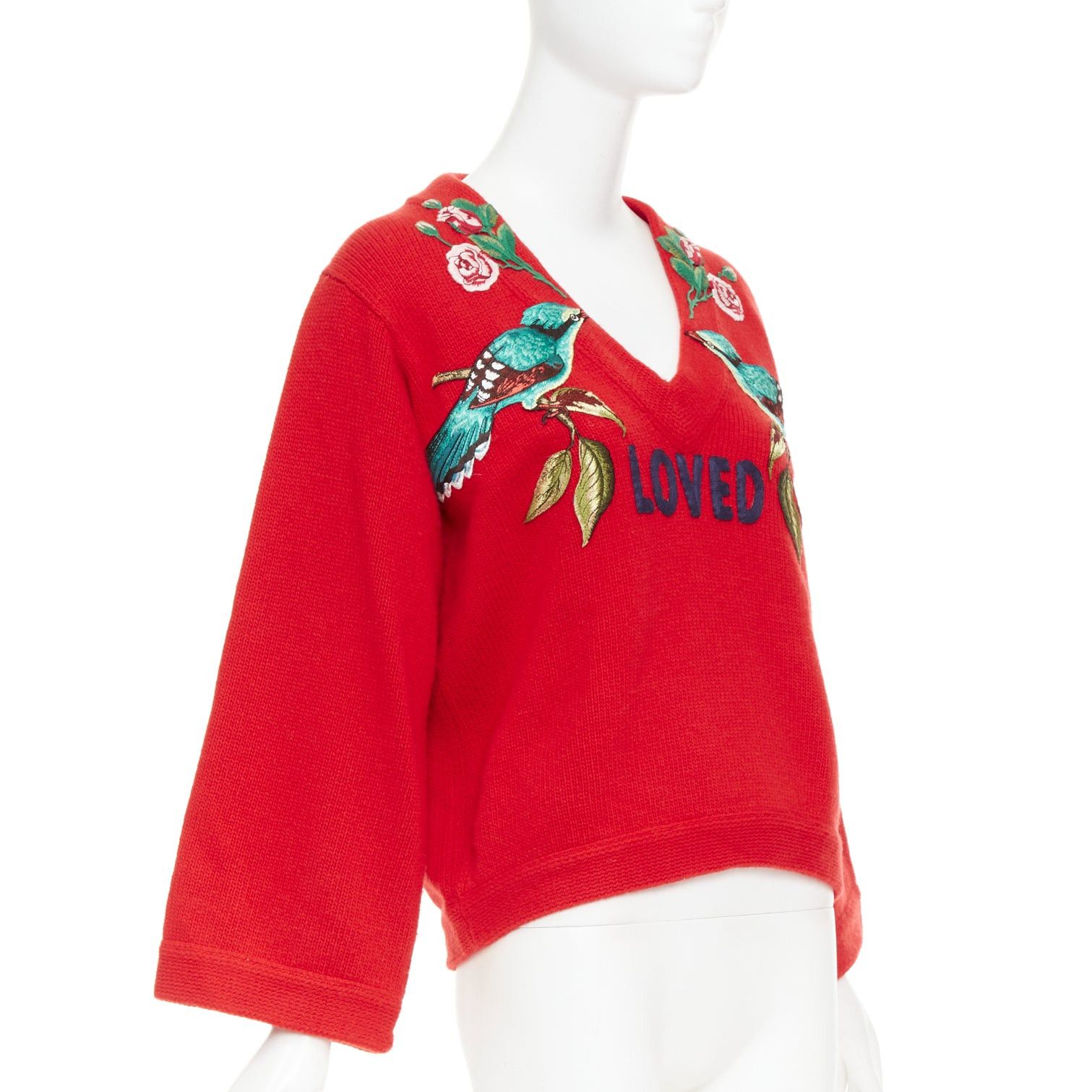Gucci GUCCI 2017 Runway red wool Loved Bird floral embroidered red wool green embroidered sweater S Size S / US 4 / IT 40 - 3 Thumbnail