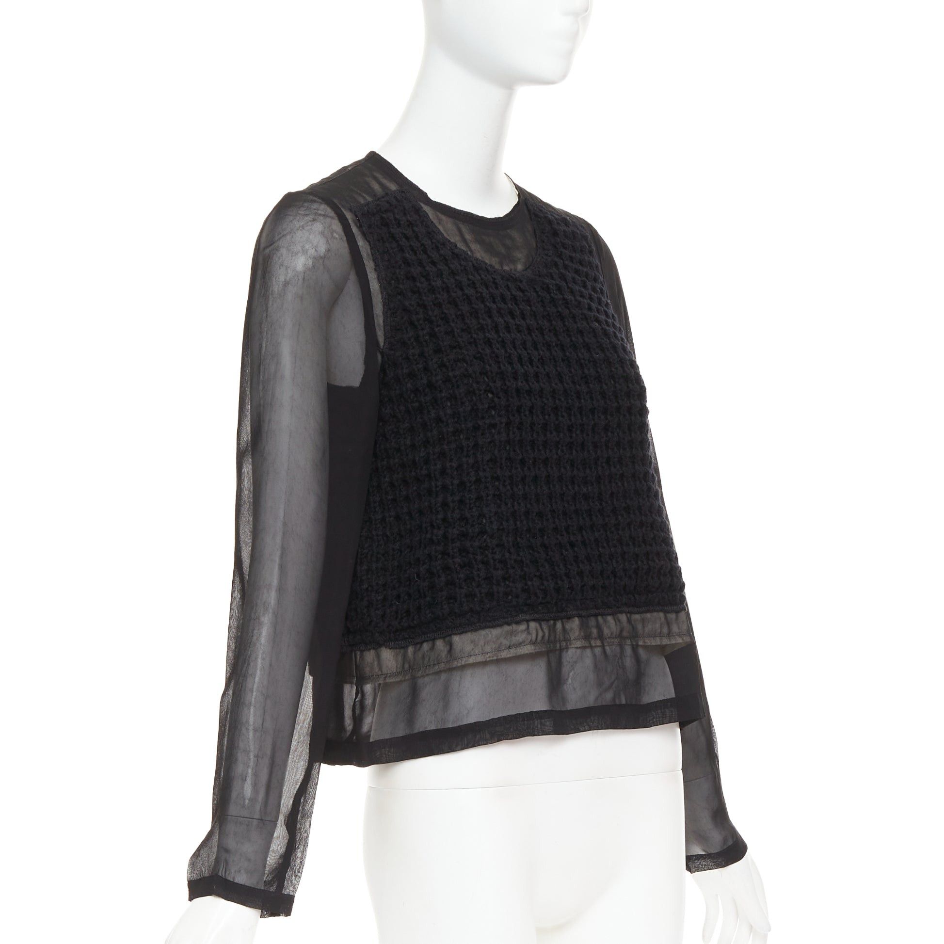Comme des Garcons COMME DES GARCONS 2014 black cupra wool trim woven sheer overlay top XS Size XS / US 0-2 / IT 36-38 - 3 Thumbnail