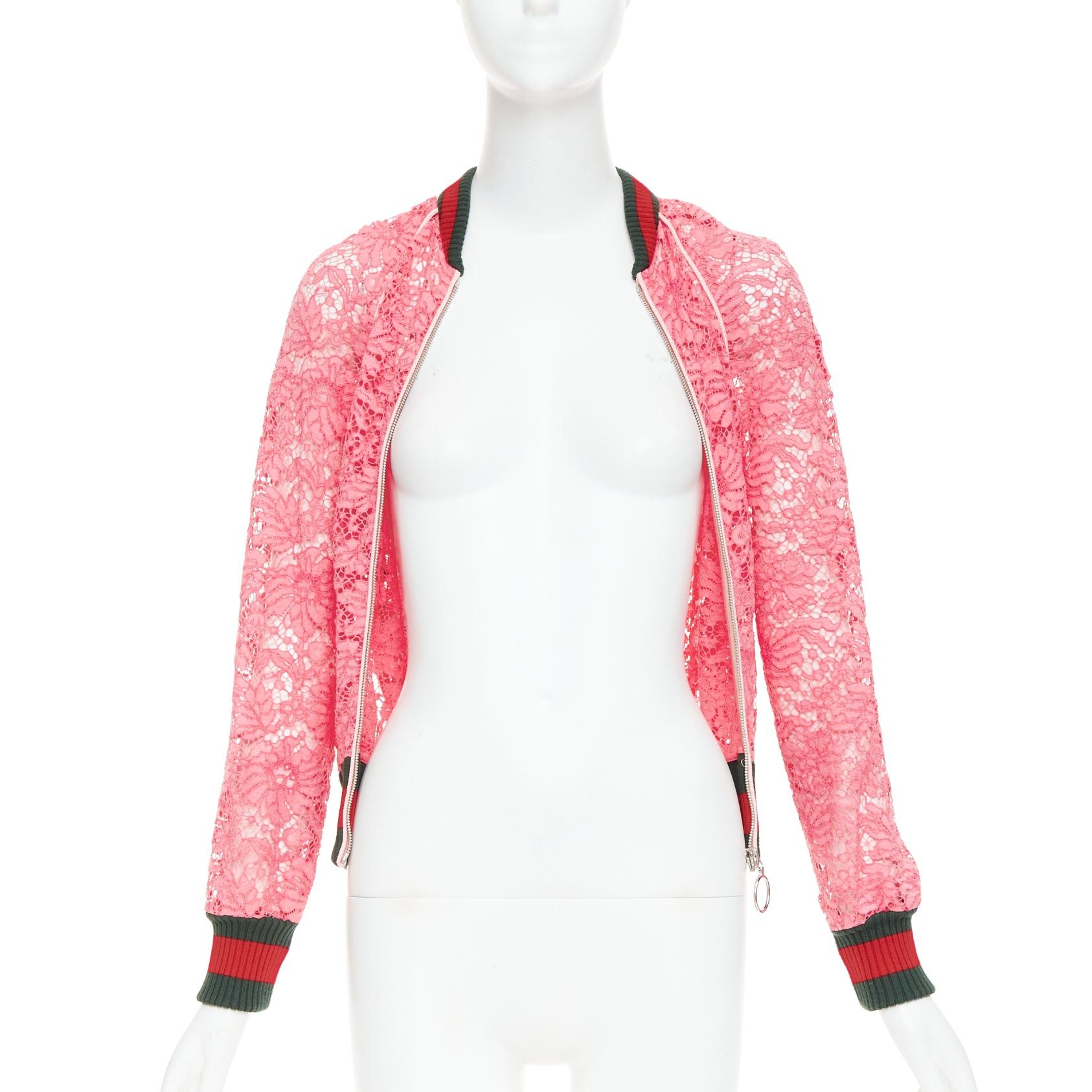 Gucci GUCCI 2015 Michele pink floral lace vintage web bomber jacket IT40 S Size S / US 4 / IT 40 - 3 Thumbnail