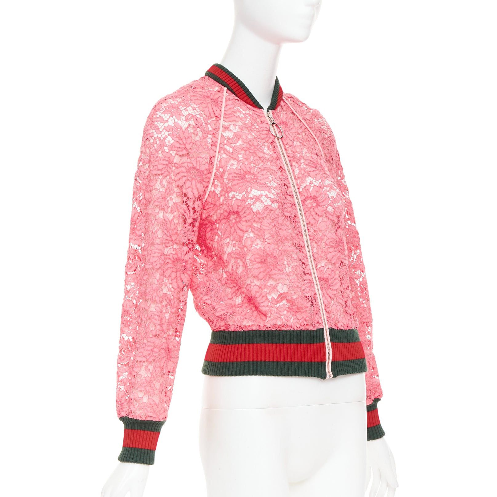 Gucci GUCCI 2015 Michele pink floral lace vintage web bomber jacket IT40 S Size S / US 4 / IT 40 - 4 Thumbnail