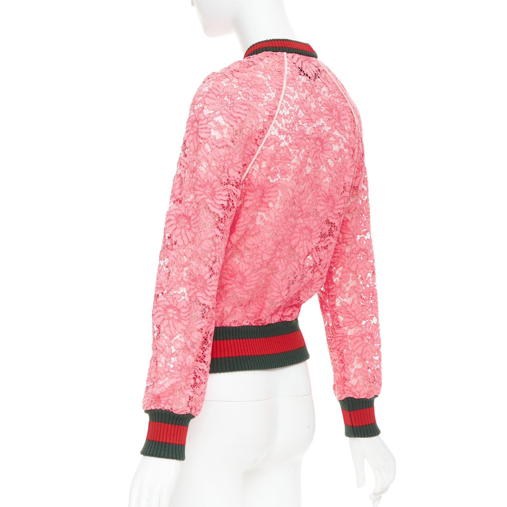 Gucci GUCCI 2015 Michele pink floral lace vintage web bomber jacket IT40 S Size S / US 4 / IT 40 - 7 Thumbnail
