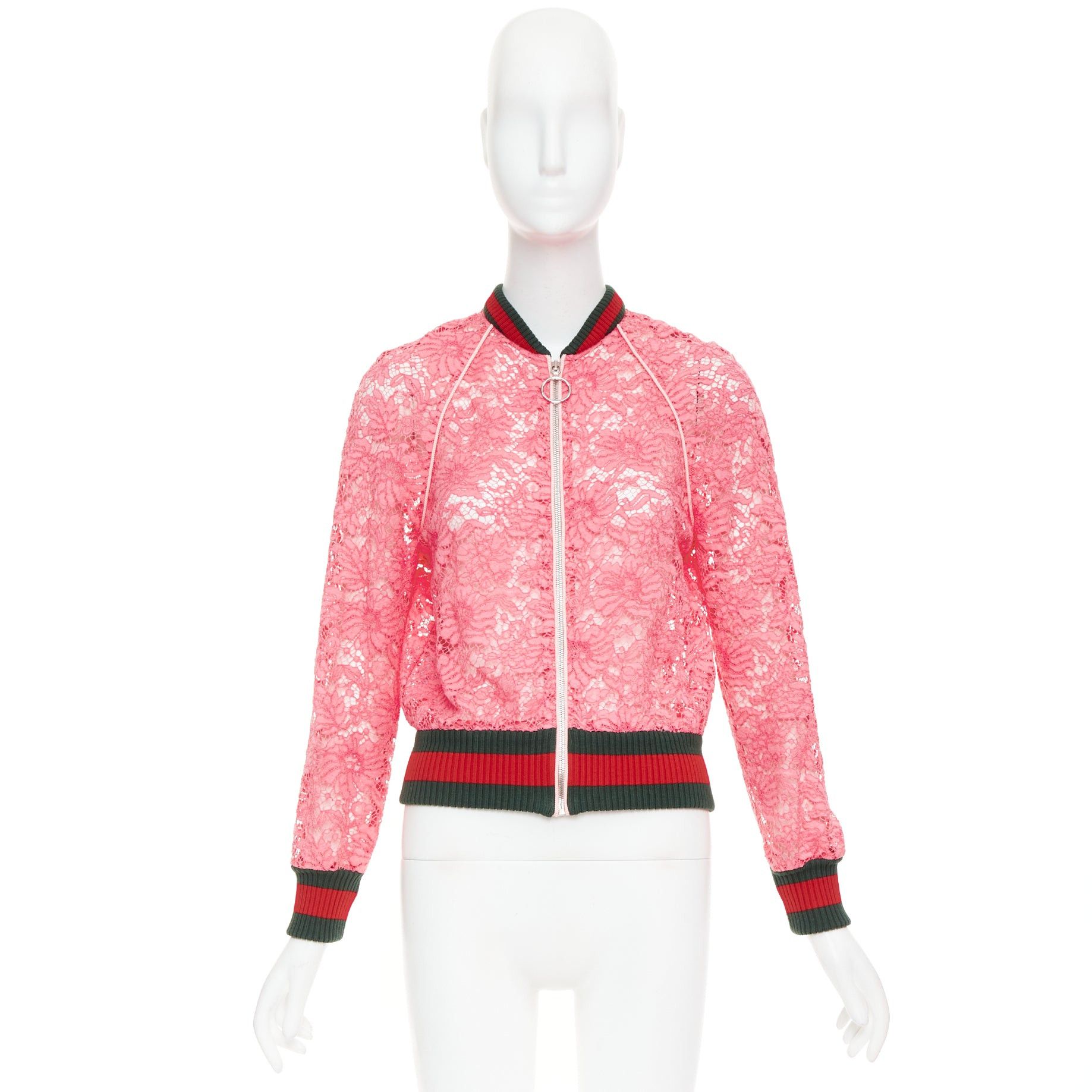 Gucci GUCCI 2015 Michele pink floral lace vintage web bomber jacket IT40 S Size S / US 4 / IT 40 - 10 Thumbnail