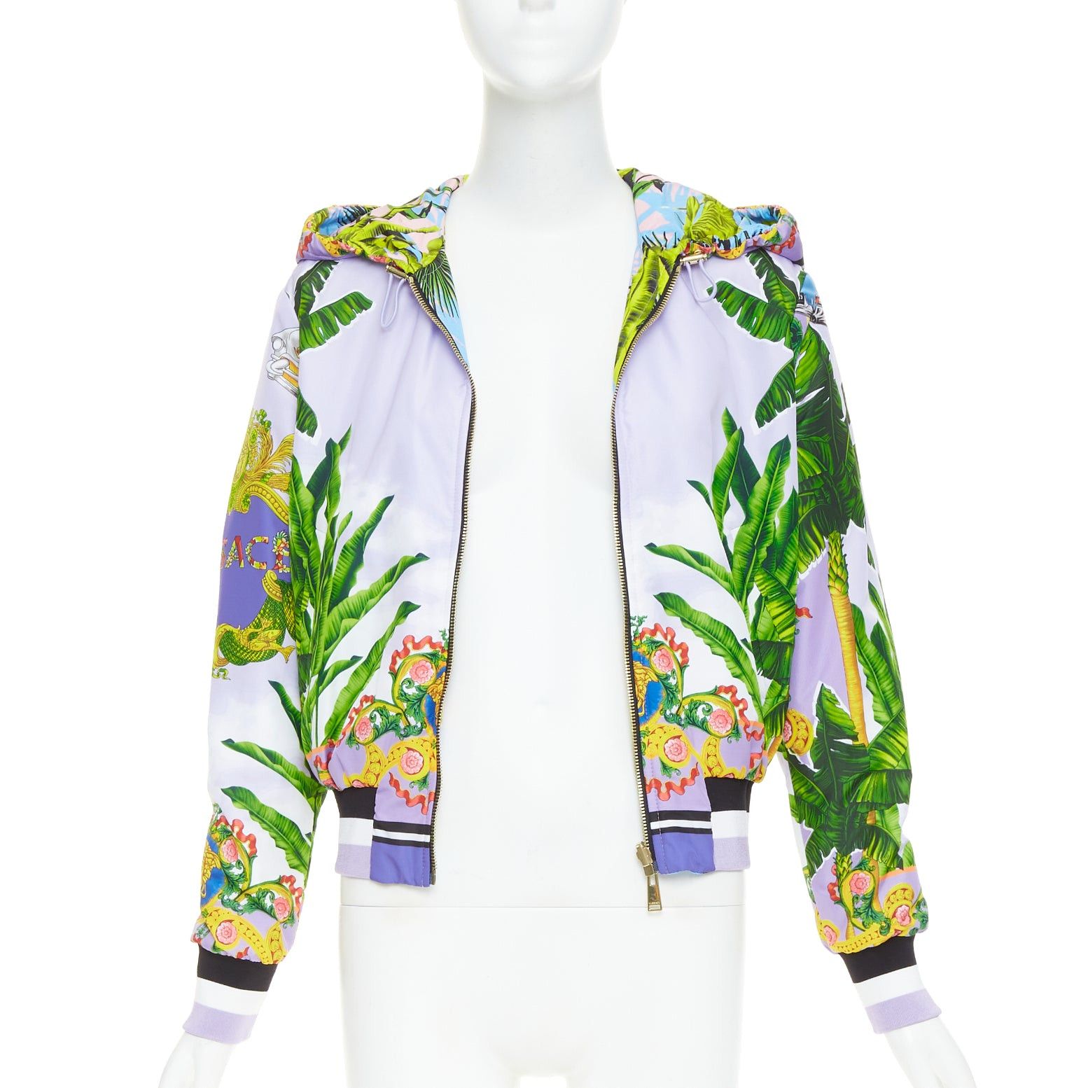 Versace VERSACE 2018 Garden print Reversible lilac tropical print nylon hooded jacket IT40 S Size S / US 4 / IT 40 - 3 Thumbnail