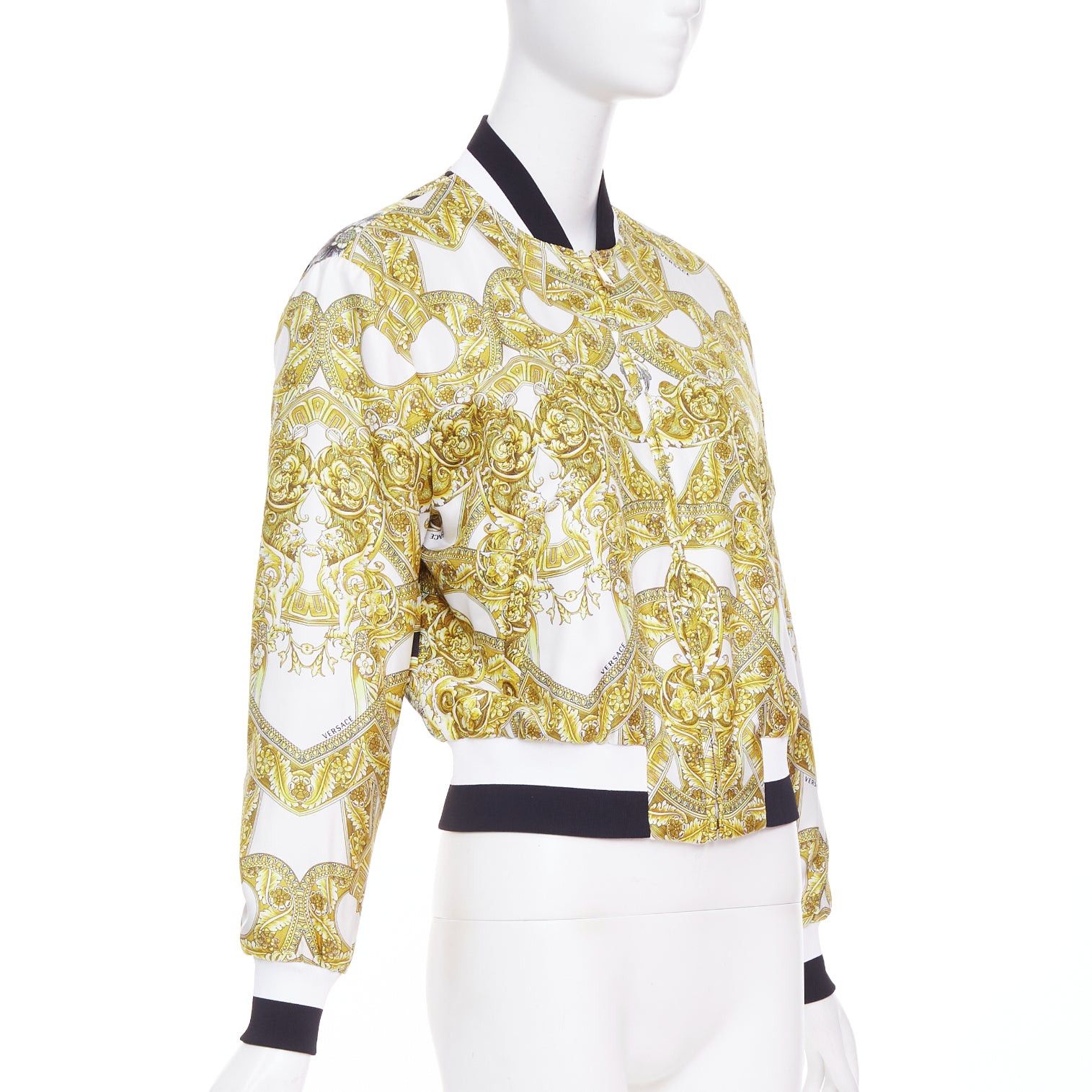 Versace VERSACE 100% silk white gold Barocco chain print cropped bomber IT40 S Size S / US 4 / IT 40 - 4 Thumbnail
