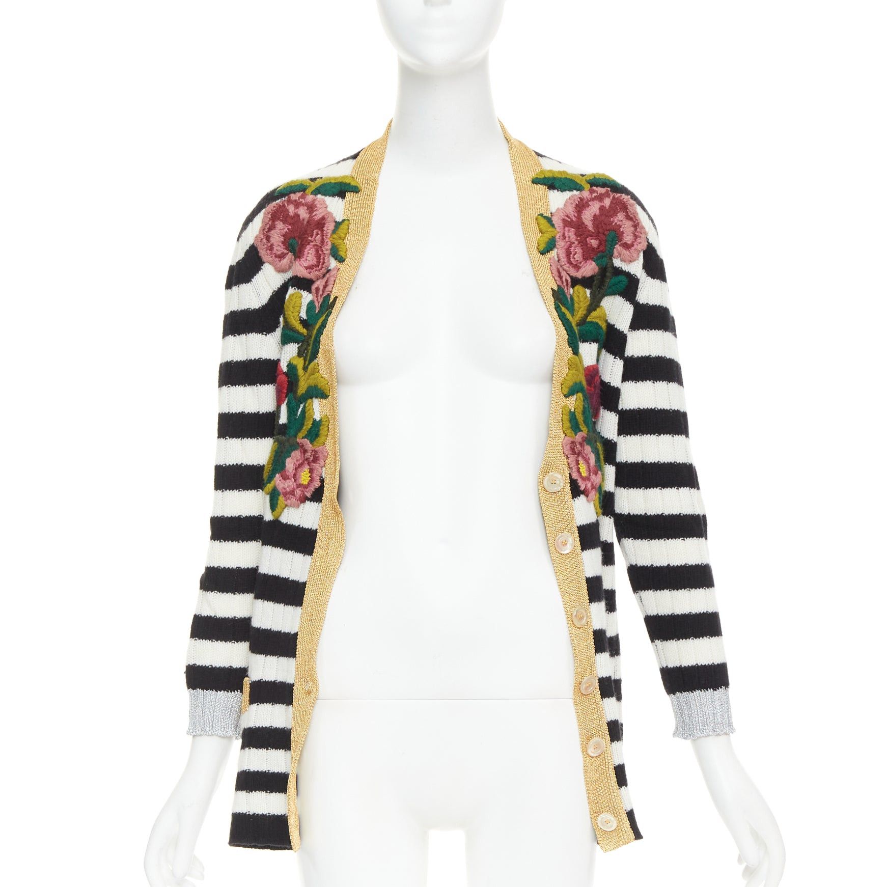 Gucci GUCCI Michele black white cashmere wool flower embroidered gold trim cardigan XXS Size XS / US 0-2 / IT 36-38 - 3 Thumbnail