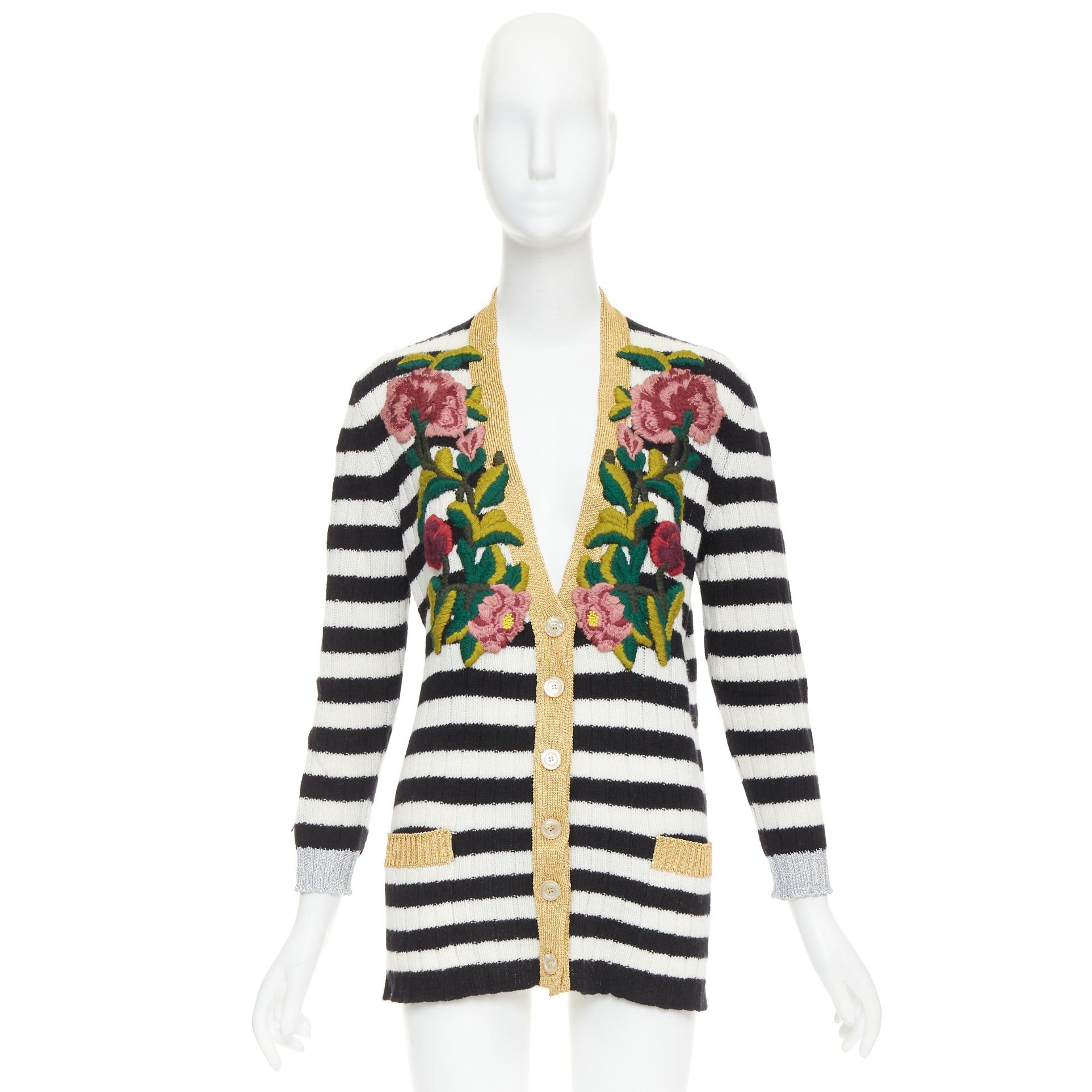 Gucci GUCCI Michele black white cashmere wool flower embroidered gold trim cardigan XXS Size XS / US 0-2 / IT 36-38 - 10 Thumbnail