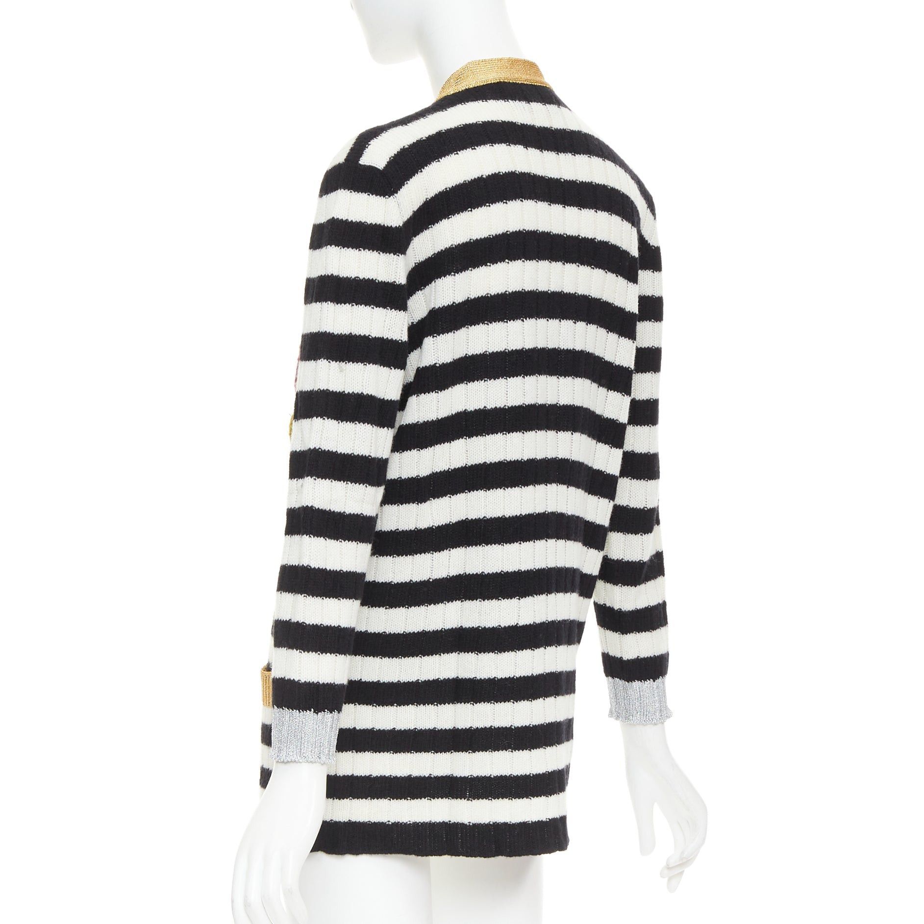 Gucci GUCCI Michele black white cashmere wool flower embroidered gold trim cardigan XXS Size XS / US 0-2 / IT 36-38 - 7 Thumbnail