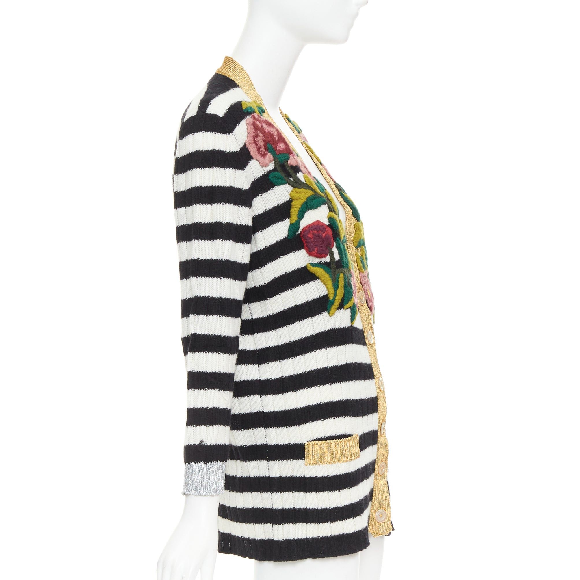 Gucci GUCCI Michele black white cashmere wool flower embroidered gold trim cardigan XXS Size XS / US 0-2 / IT 36-38 - 5 Thumbnail