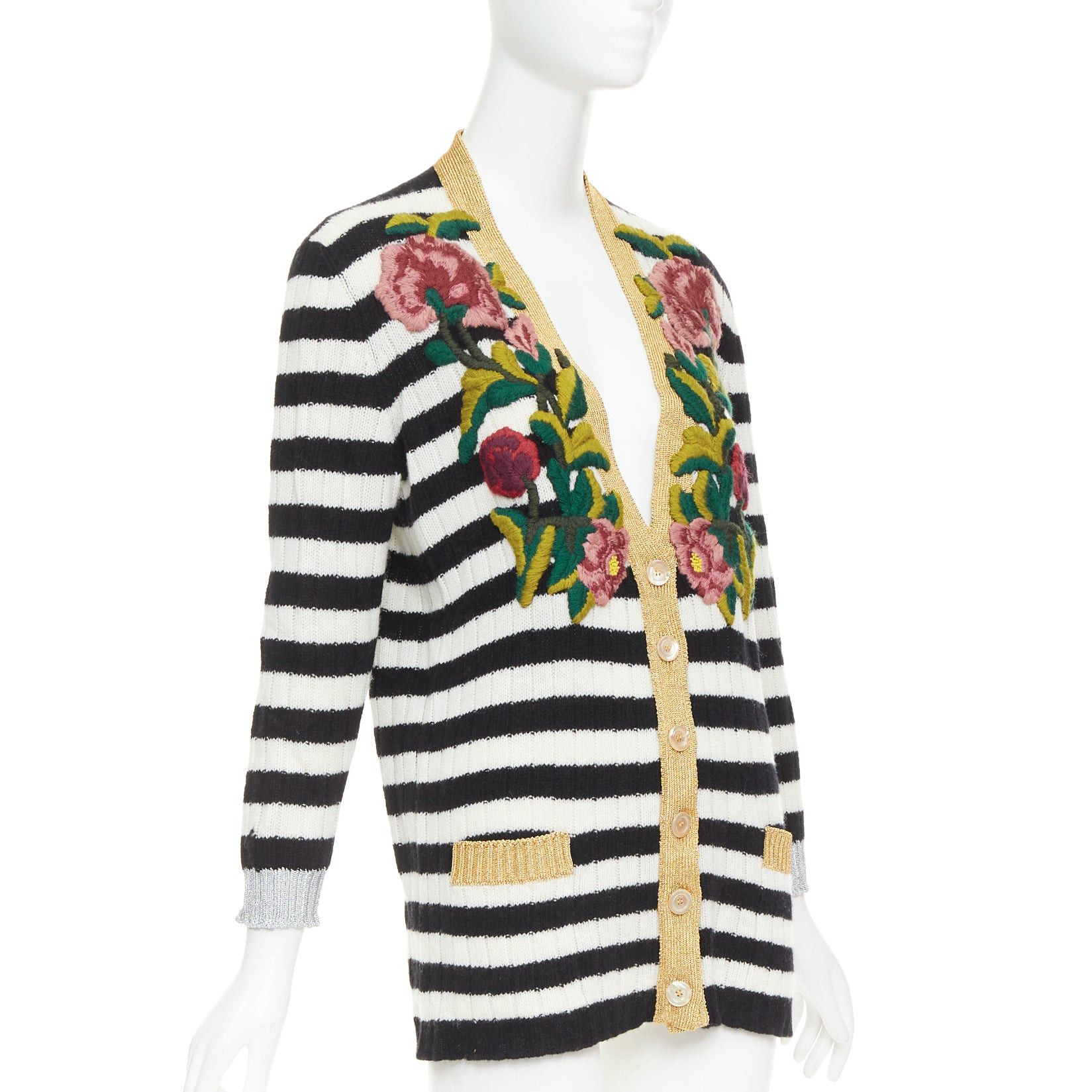 Gucci GUCCI Michele black white cashmere wool flower embroidered gold trim cardigan XXS Size XS / US 0-2 / IT 36-38 - 4 Thumbnail