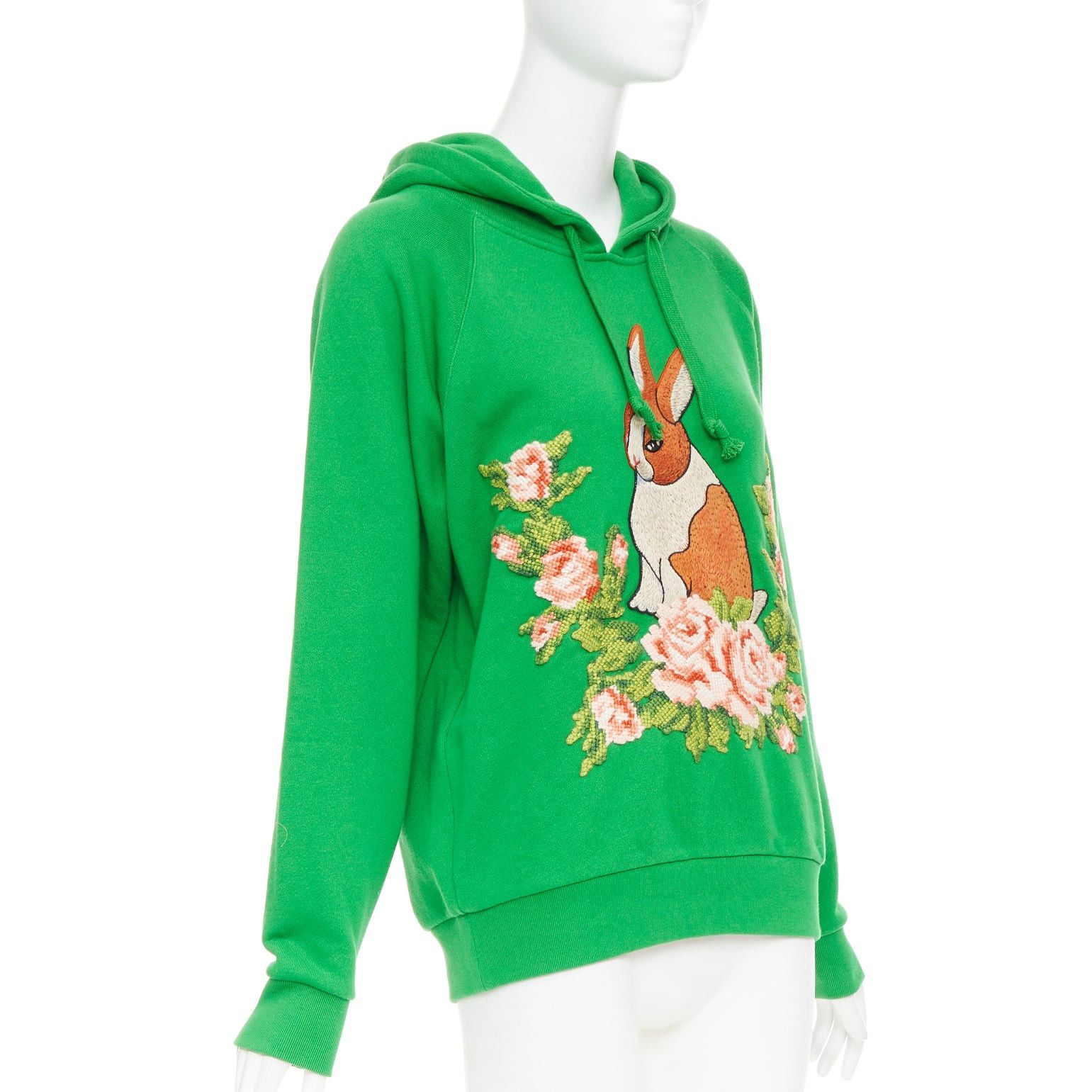 Gucci GUCCI Michele green cotton jersey embroidered Bunny flower hoodie XS Size XS / US 0-2 / IT 36-38 - 3 Thumbnail