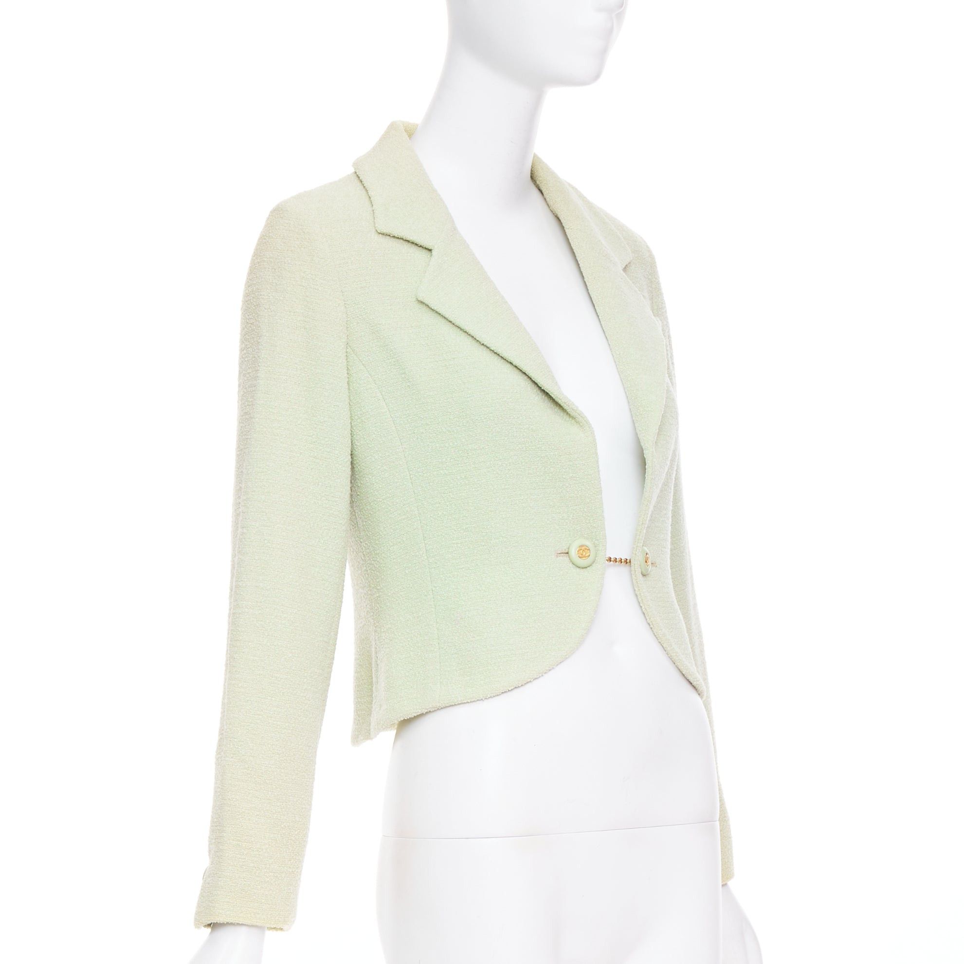 Chanel CHANEL 94P Vintage mint green boucle wool chain buttons cropped jacket FR42 XL Size L / US 10 / IT 46 - 3 Thumbnail