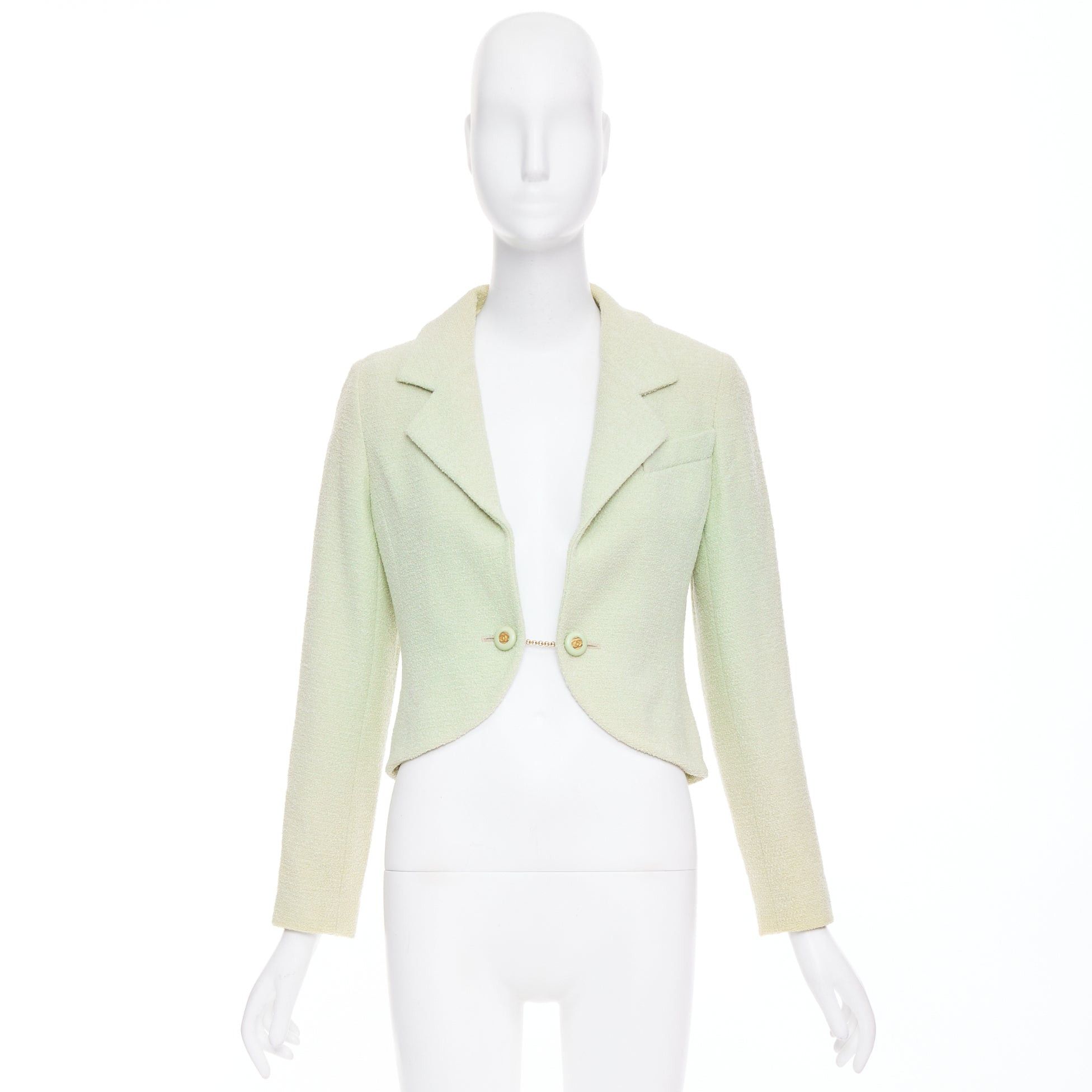 Chanel CHANEL 94P Vintage mint green boucle wool chain buttons cropped jacket FR42 XL Size L / US 10 / IT 46 - 11 Thumbnail