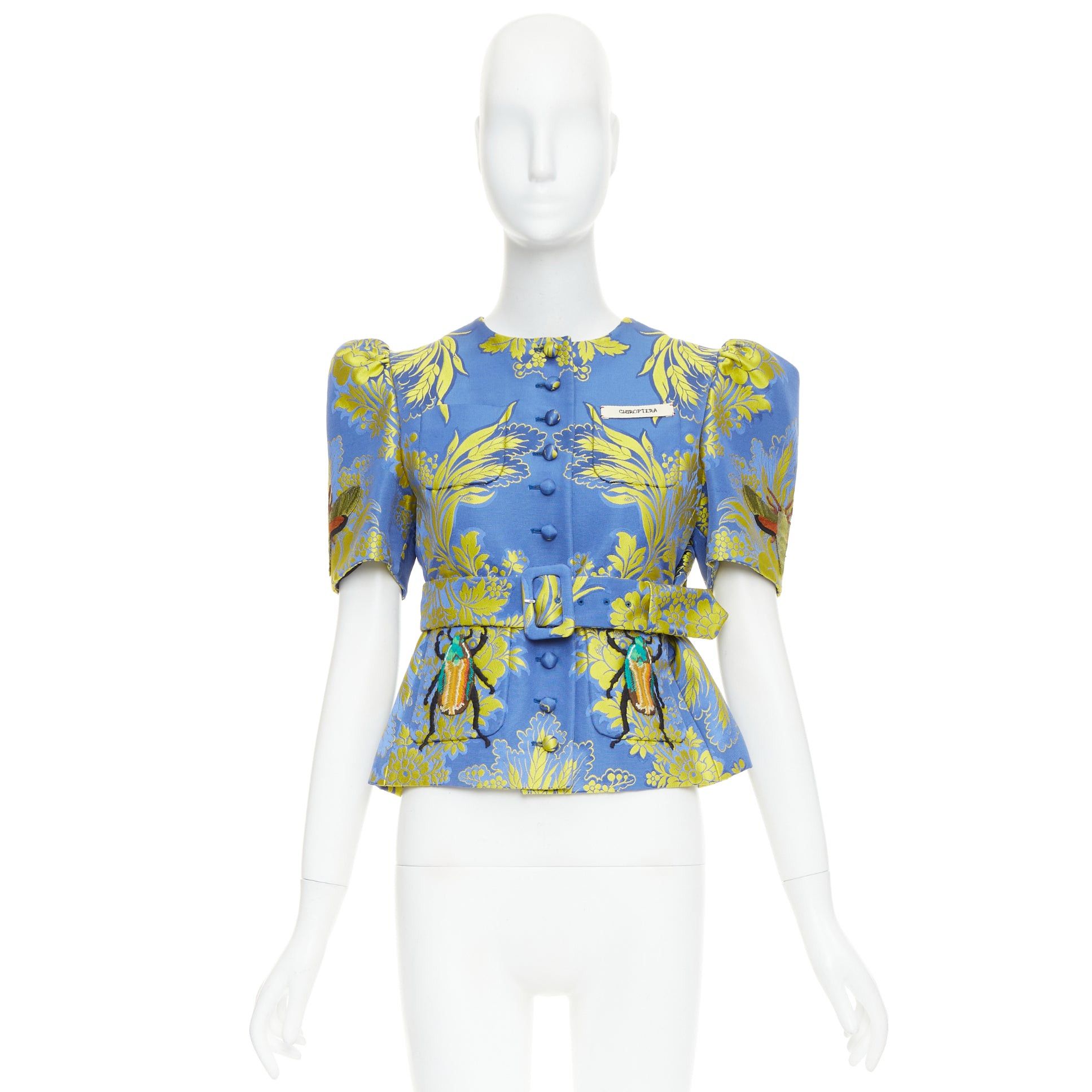 Gucci rare GUCCI 2017 blue yellow beetle embroidery floral jacquard puff sleeve belted jacket IT40 S Size S / US 4 / IT 40 - 9 Thumbnail