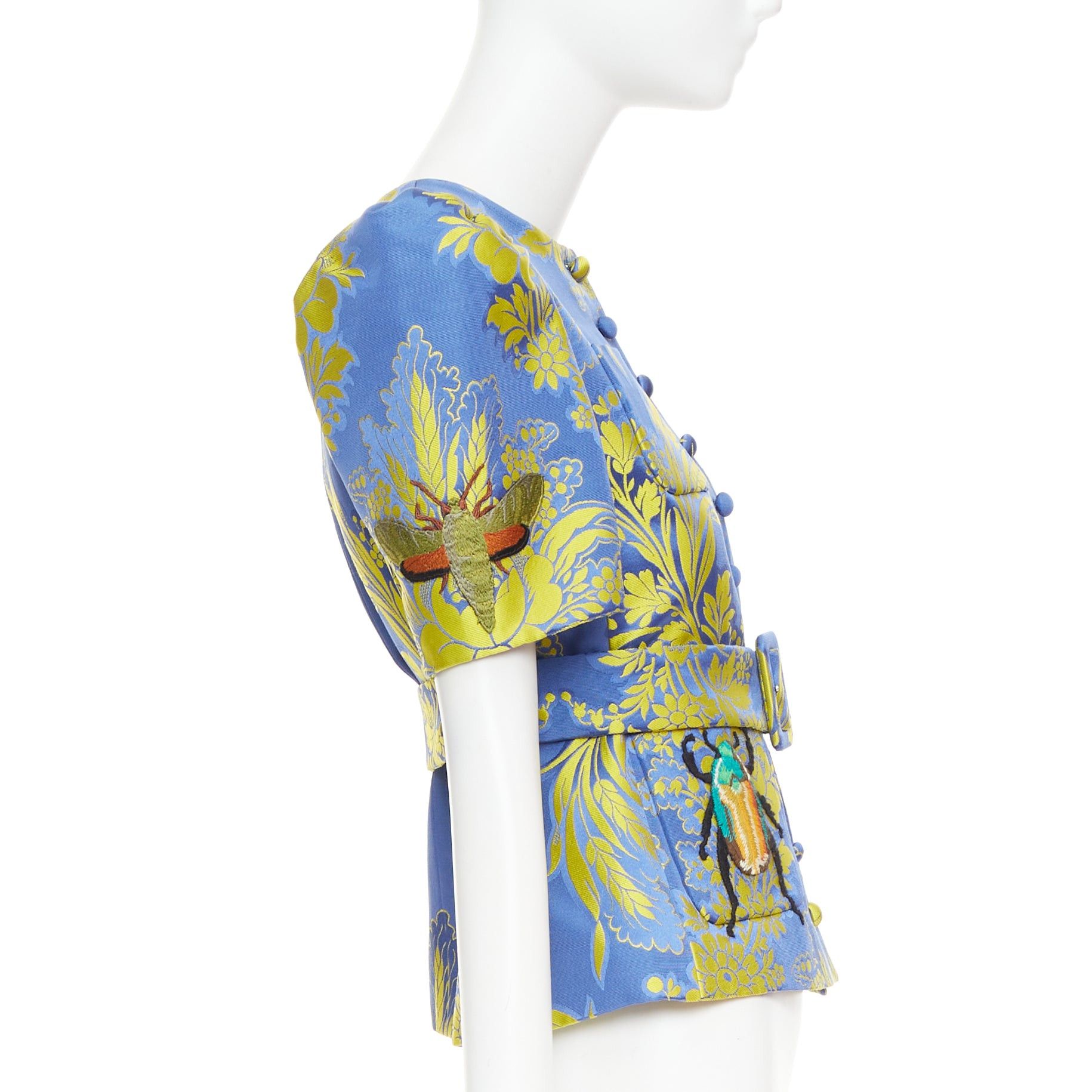 Gucci rare GUCCI 2017 blue yellow beetle embroidery floral jacquard puff sleeve belted jacket IT40 S Size S / US 4 / IT 40 - 4 Thumbnail