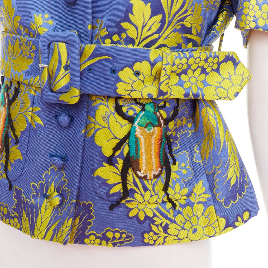 Gucci rare GUCCI 2017 blue yellow beetle embroidery floral jacquard puff sleeve belted jacket IT40 S Size S / US 4 / IT 40 - 7 Thumbnail