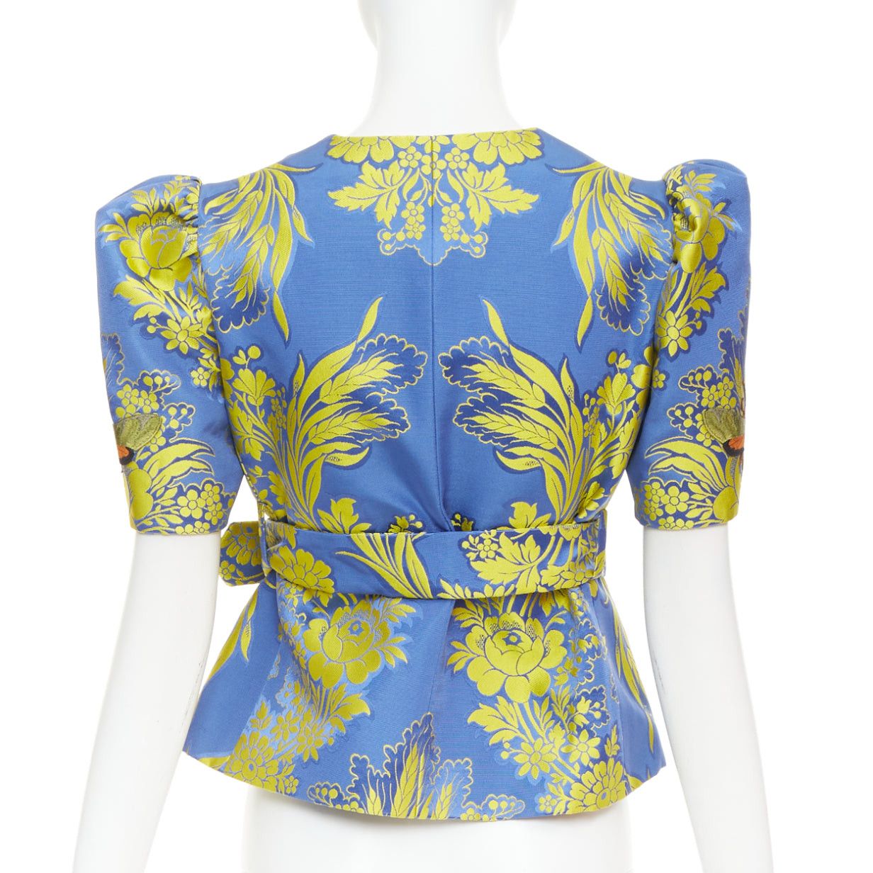 Gucci rare GUCCI 2017 blue yellow beetle embroidery floral jacquard puff sleeve belted jacket IT40 S Size S / US 4 / IT 40 - 5 Thumbnail