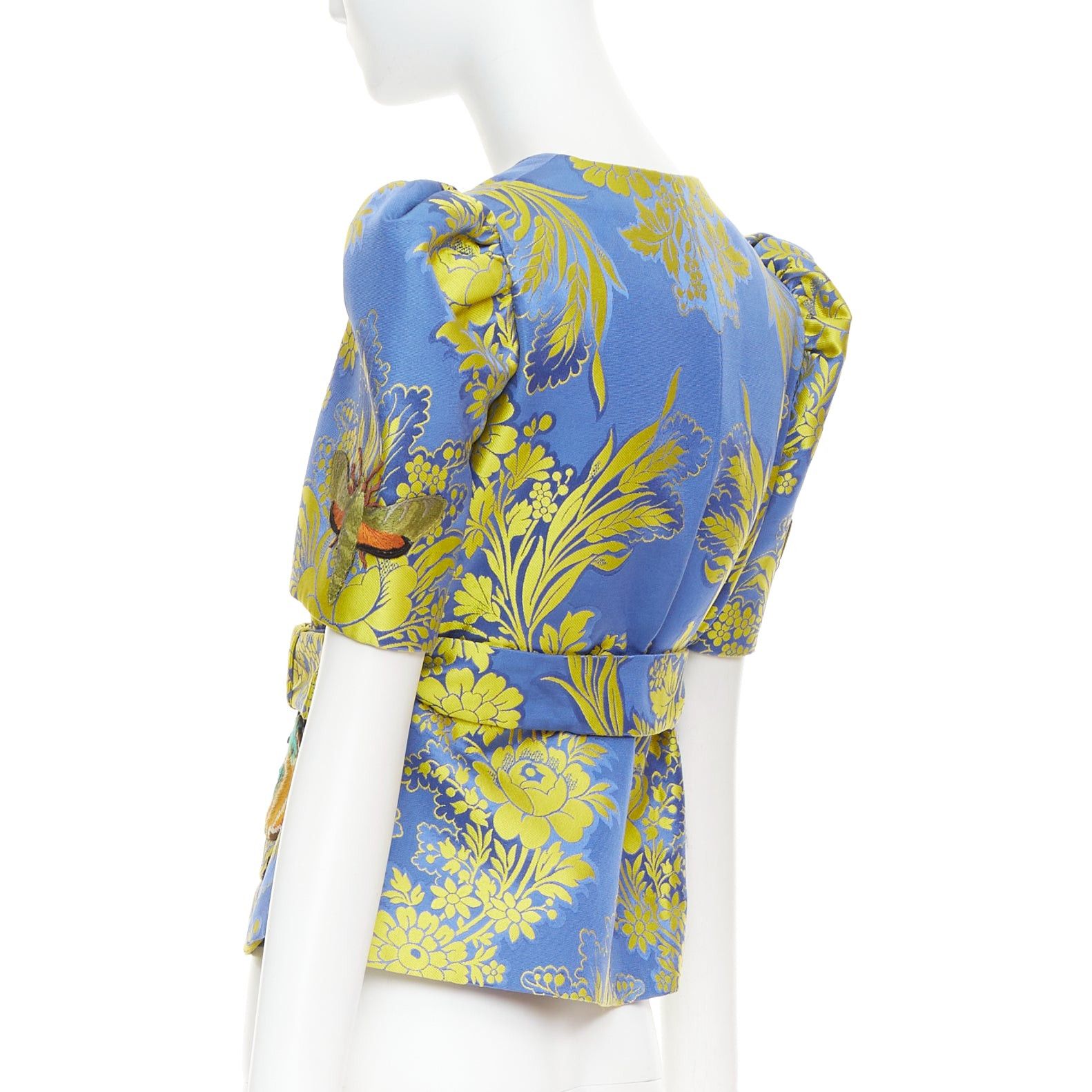 Gucci rare GUCCI 2017 blue yellow beetle embroidery floral jacquard puff sleeve belted jacket IT40 S Size S / US 4 / IT 40 - 6 Thumbnail