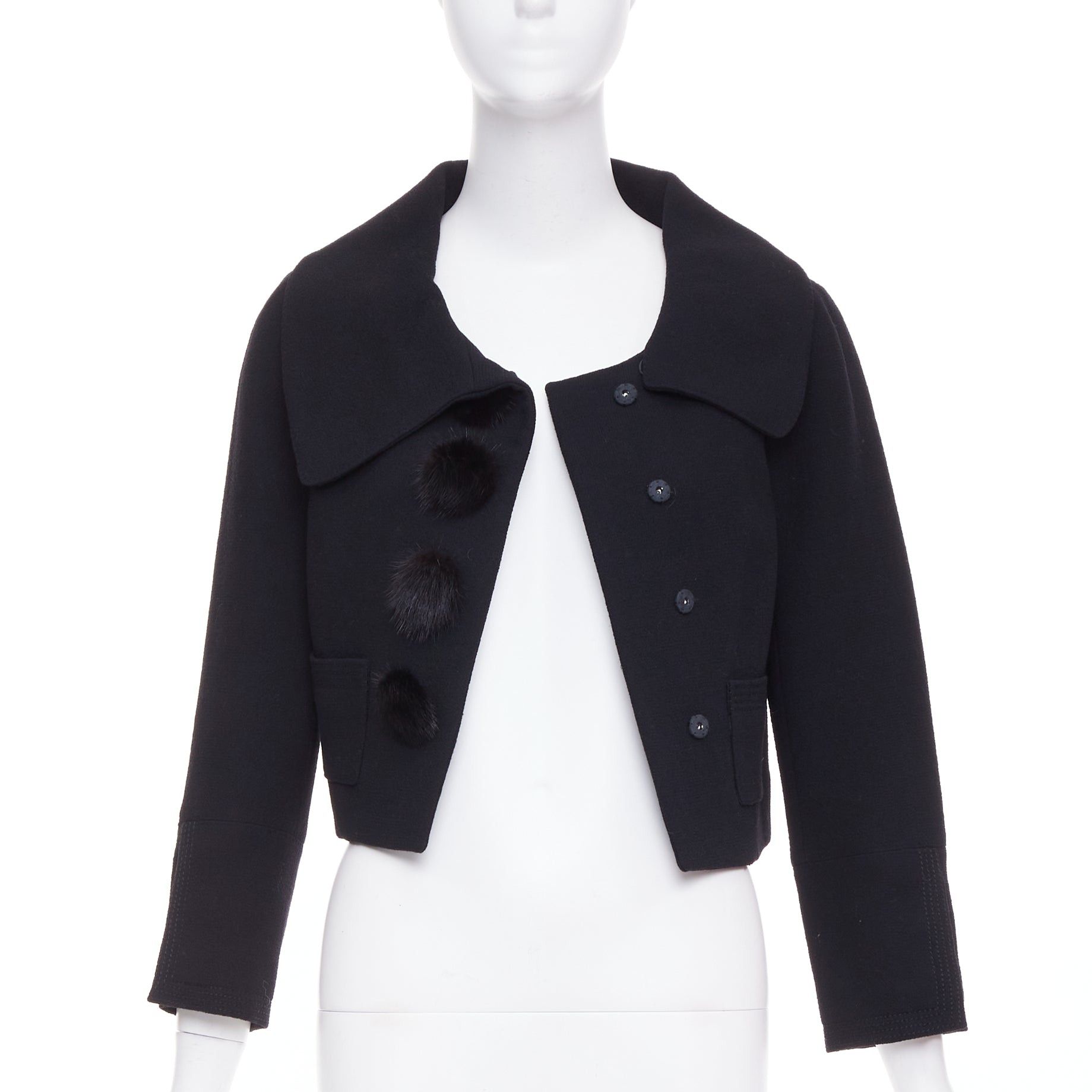 Louis Vuitton LOUIS VUITTON 2007 black wool crepe Mink fur button cropped jacket FR38 M Size M / US 6-8 / IT 42-44 - 3 Thumbnail