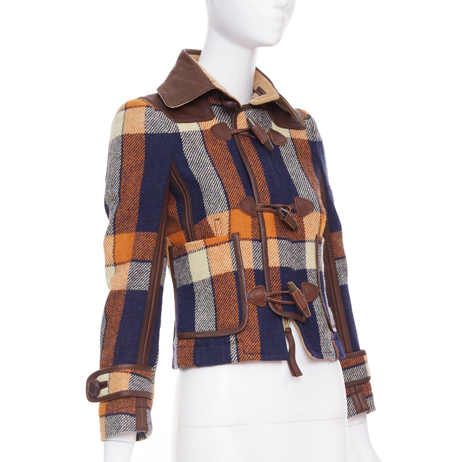 Dsquared2 DSQUARED2 2004 Runway brown navy plaid wool duffle Montgomery cropped jacket IT40 S Size S / US 4 / IT 40 - 4 Thumbnail