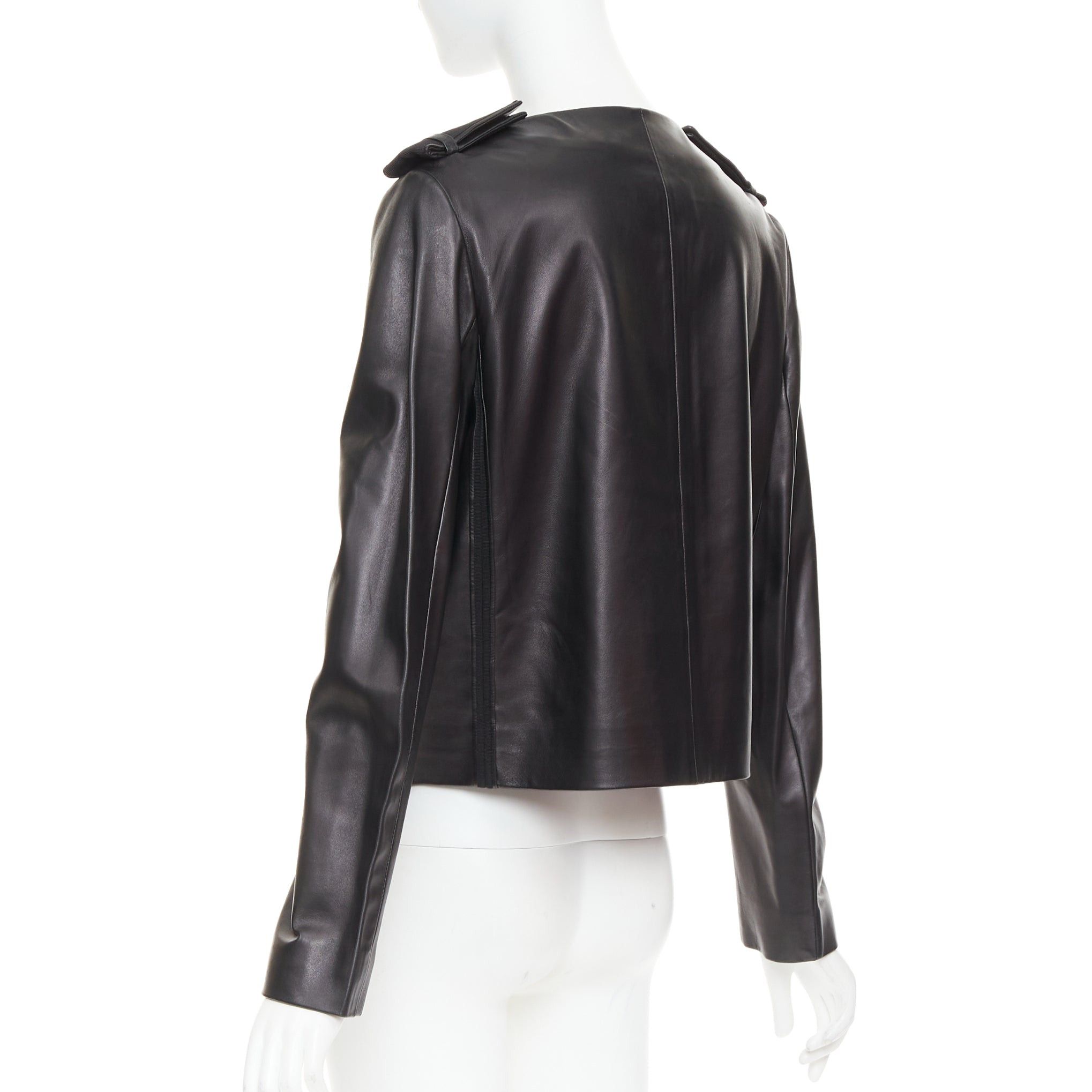 Prada PRADA 2015 black lambskin leather grosgrain trim cropped military jacket IT44 L Size M / US 6-8 / IT 42-44 - 6 Thumbnail