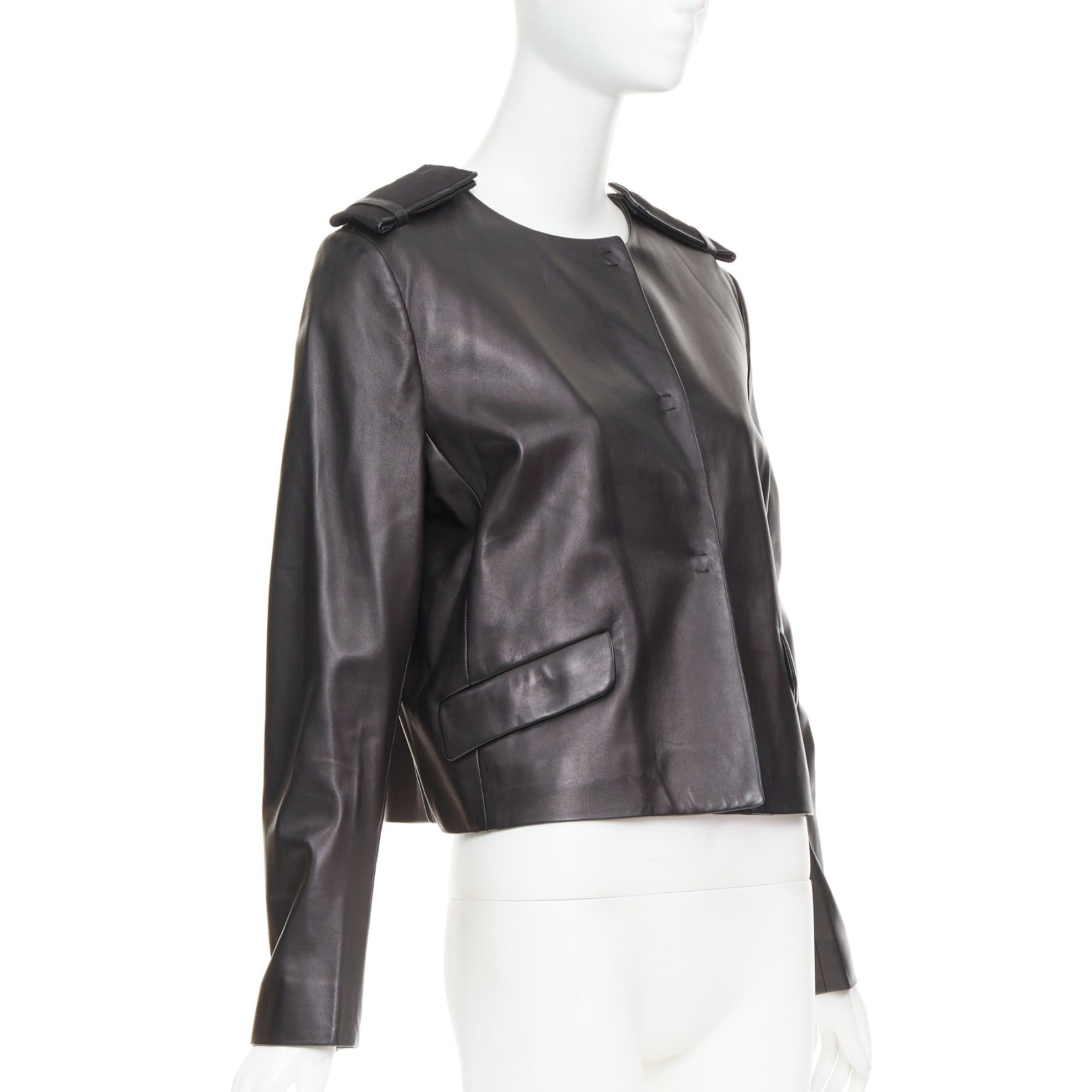 Prada PRADA 2015 black lambskin leather grosgrain trim cropped military jacket IT44 L Size M / US 6-8 / IT 42-44 - 3 Thumbnail