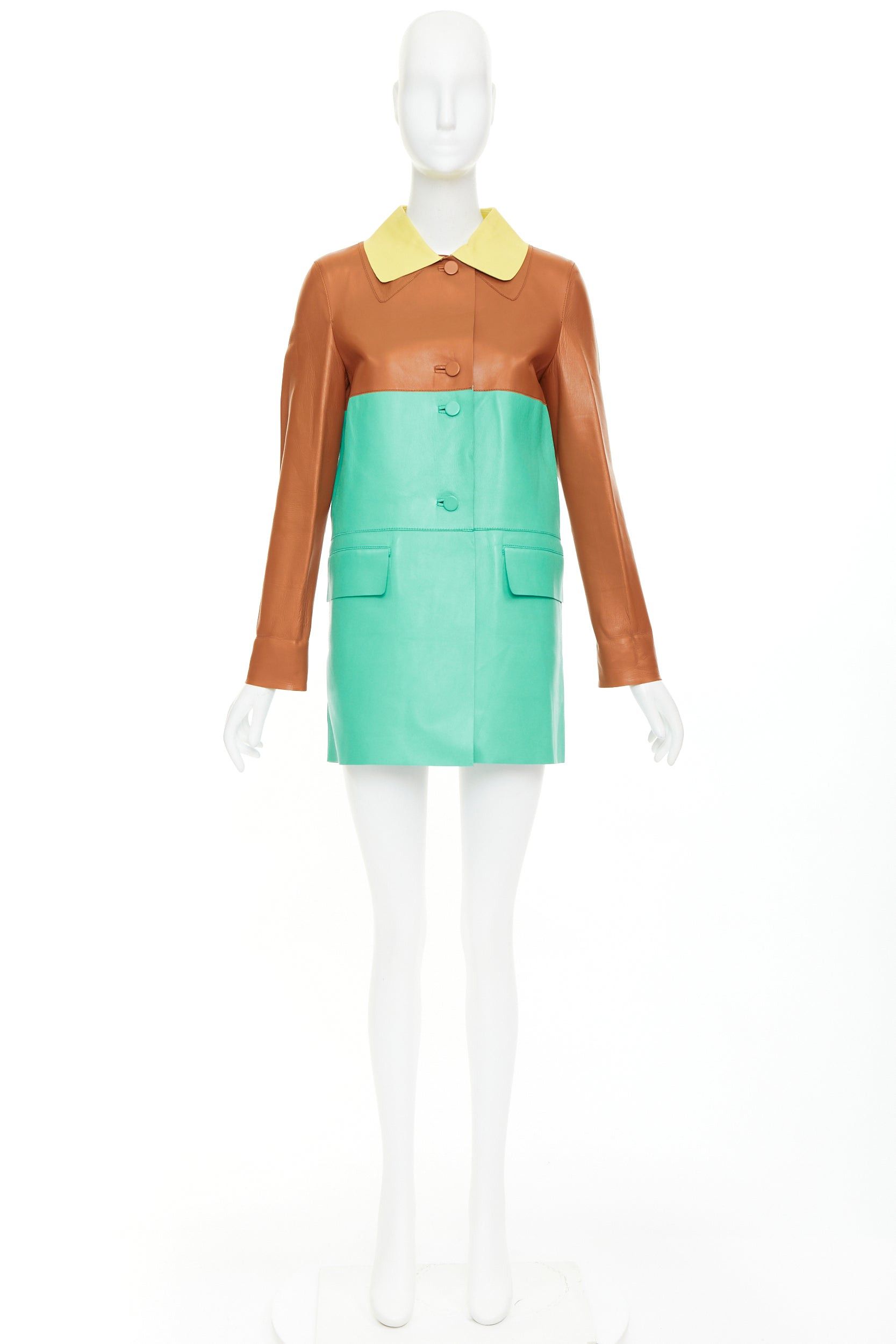 Marni MARNI SS2015 yellow tan turquoise colorblocked lambskin leather coat IT38 XS Size XS / US 0-2 / IT 36-38 - 11 Thumbnail