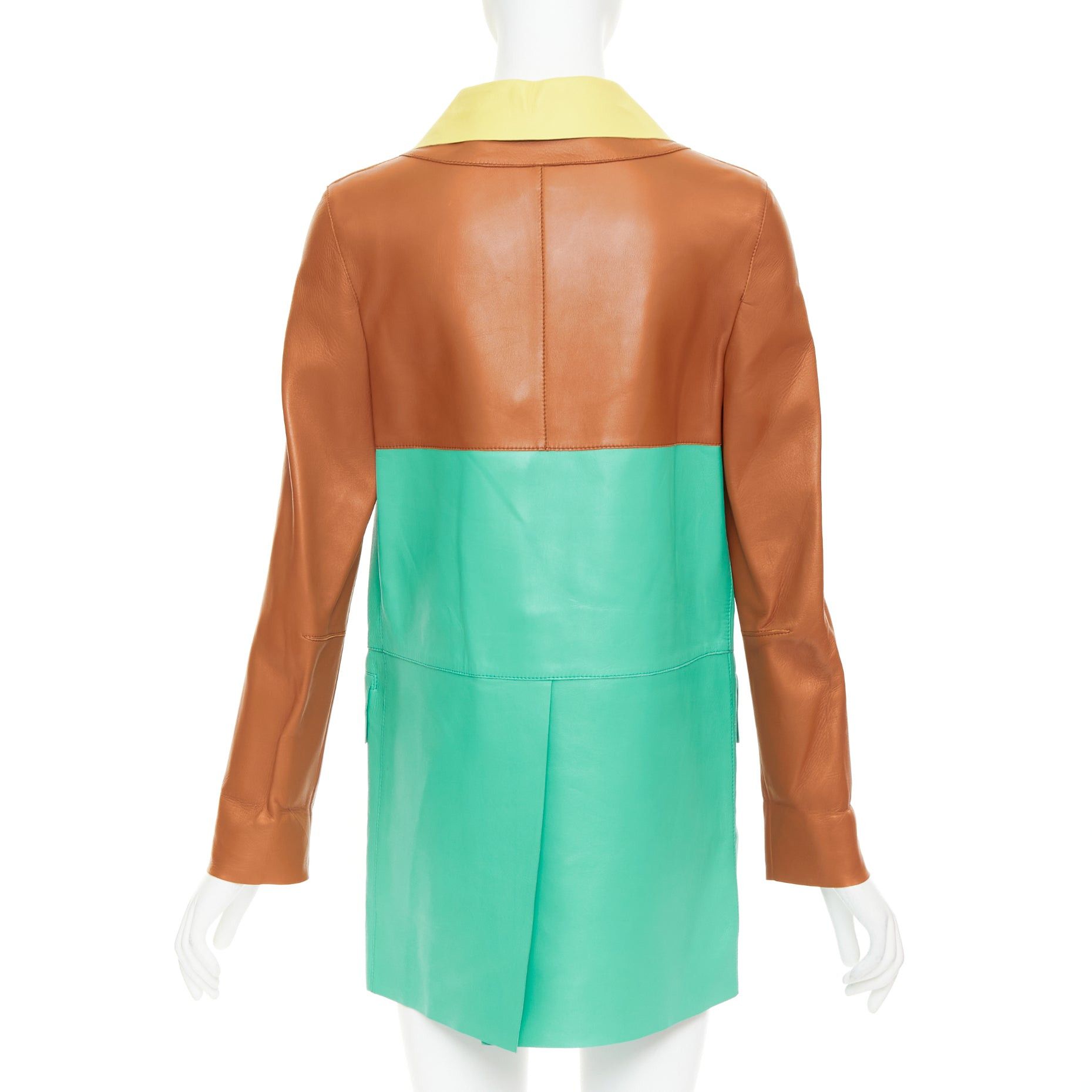 Marni MARNI SS2015 yellow tan turquoise colorblocked lambskin leather coat IT38 XS Size XS / US 0-2 / IT 36-38 - 6 Thumbnail