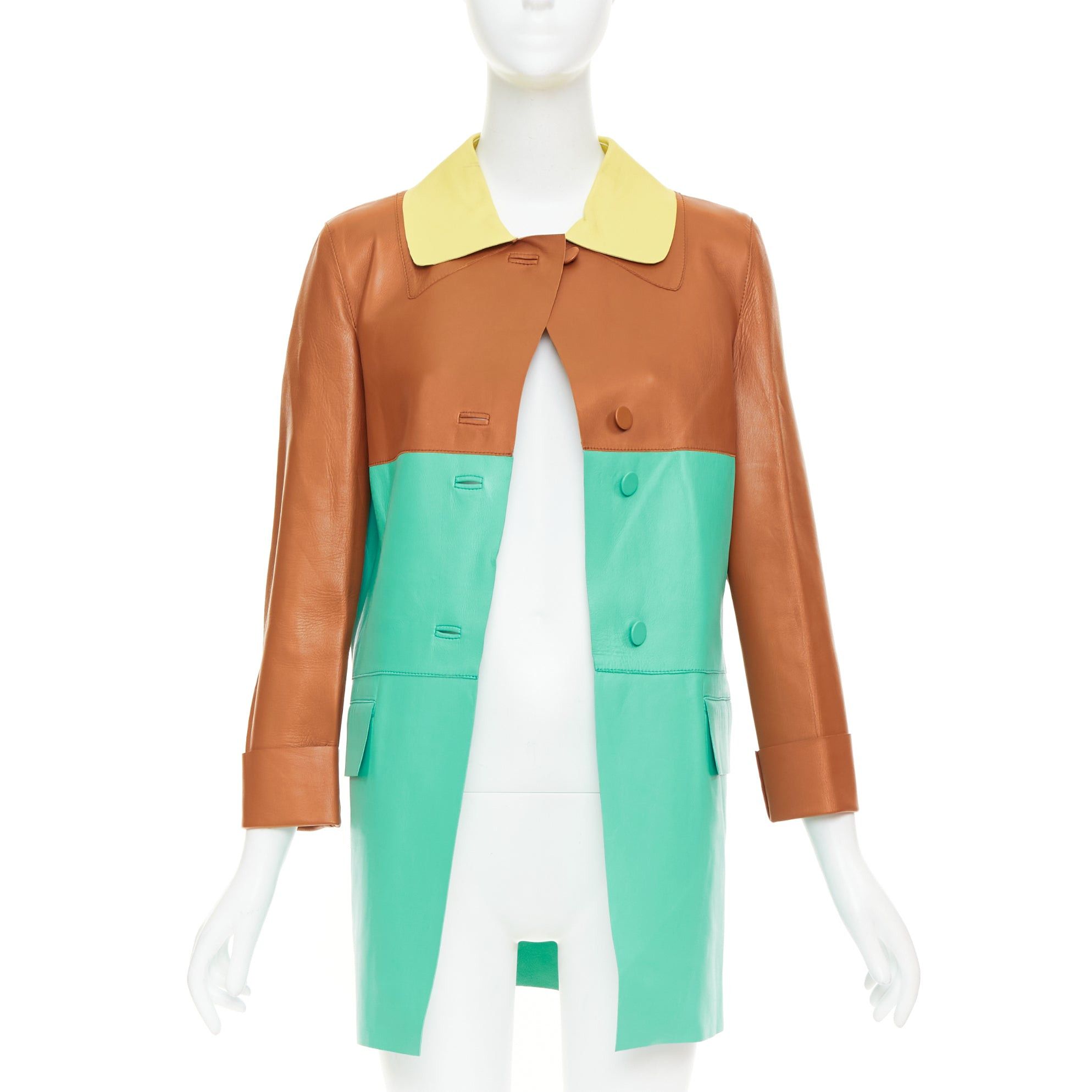Marni MARNI SS2015 yellow tan turquoise colorblocked lambskin leather coat IT38 XS Size XS / US 0-2 / IT 36-38 - 3 Thumbnail
