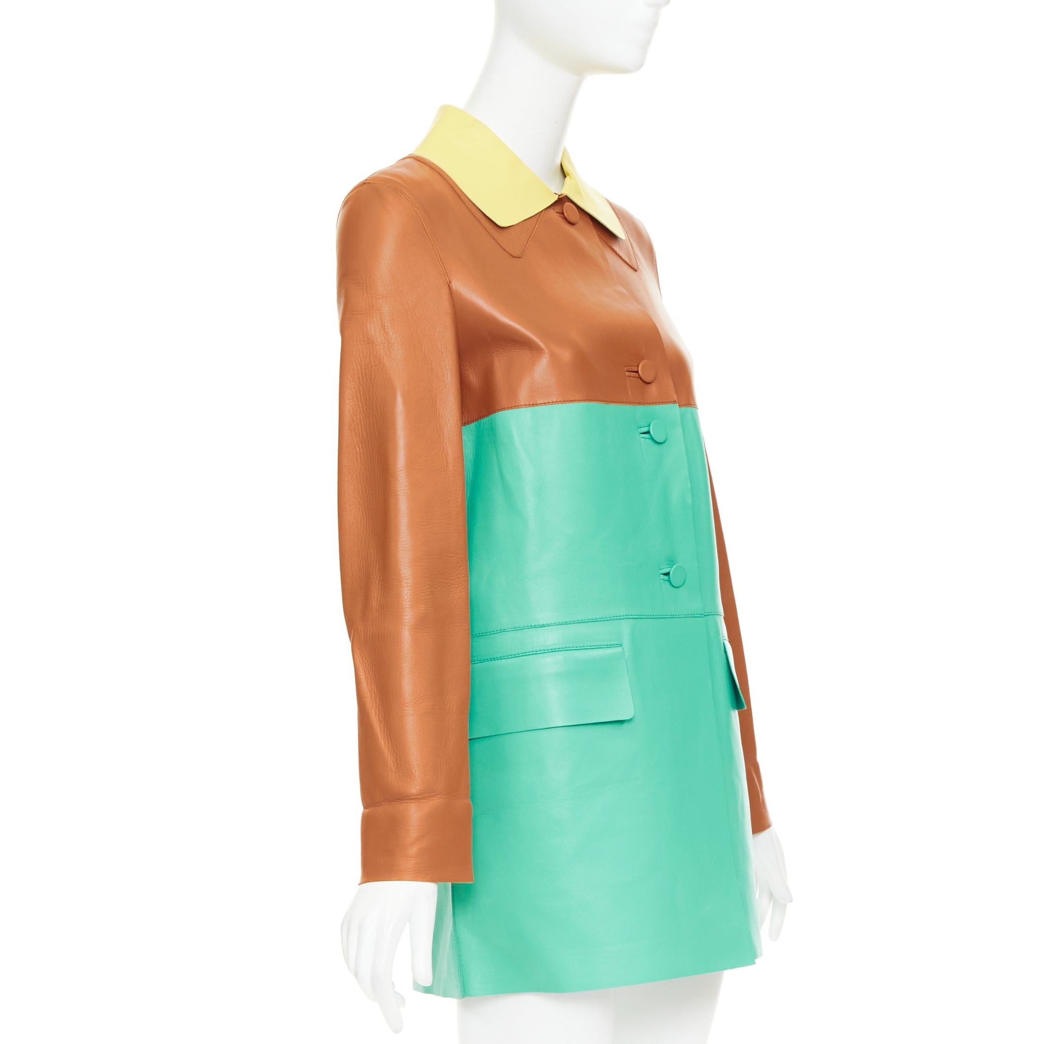 Marni MARNI SS2015 yellow tan turquoise colorblocked lambskin leather coat IT38 XS Size XS / US 0-2 / IT 36-38 - 4 Thumbnail