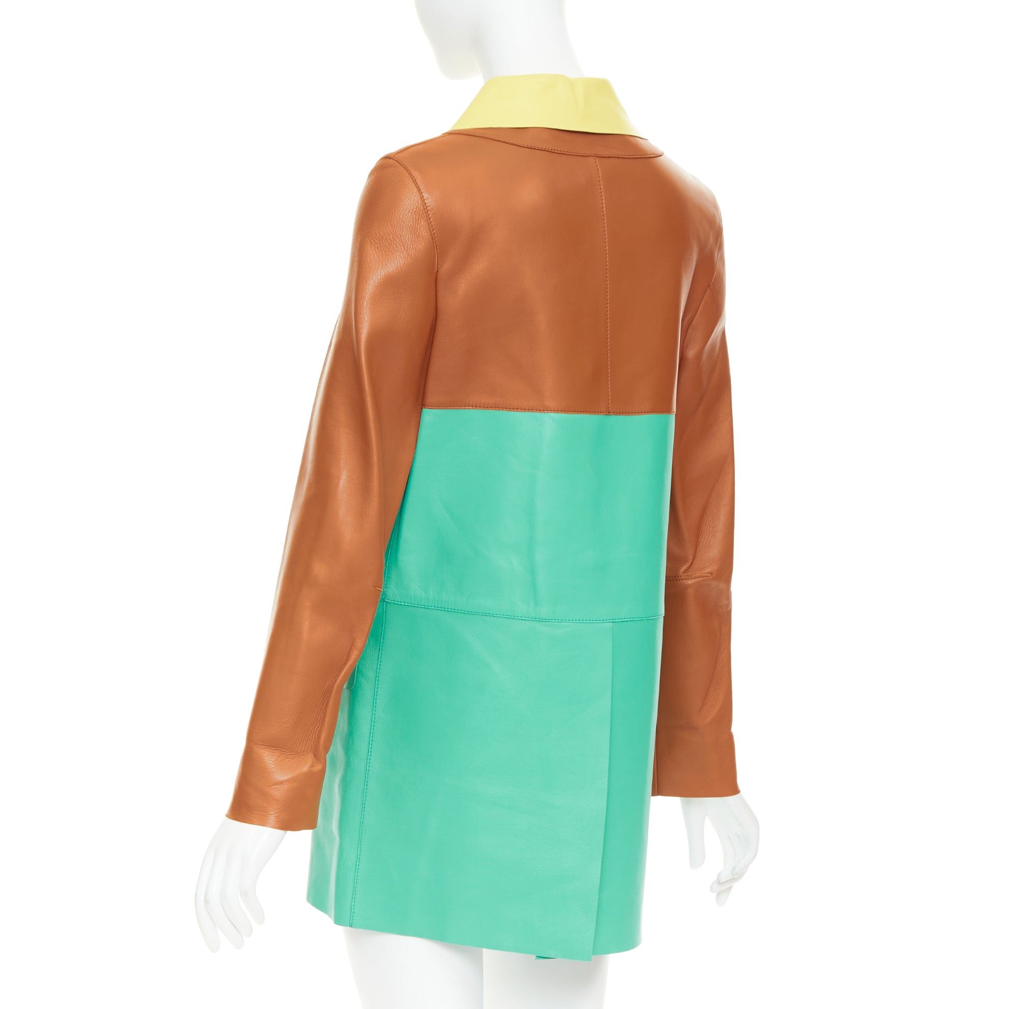 Marni MARNI SS2015 yellow tan turquoise colorblocked lambskin leather coat IT38 XS Size XS / US 0-2 / IT 36-38 - 7 Thumbnail