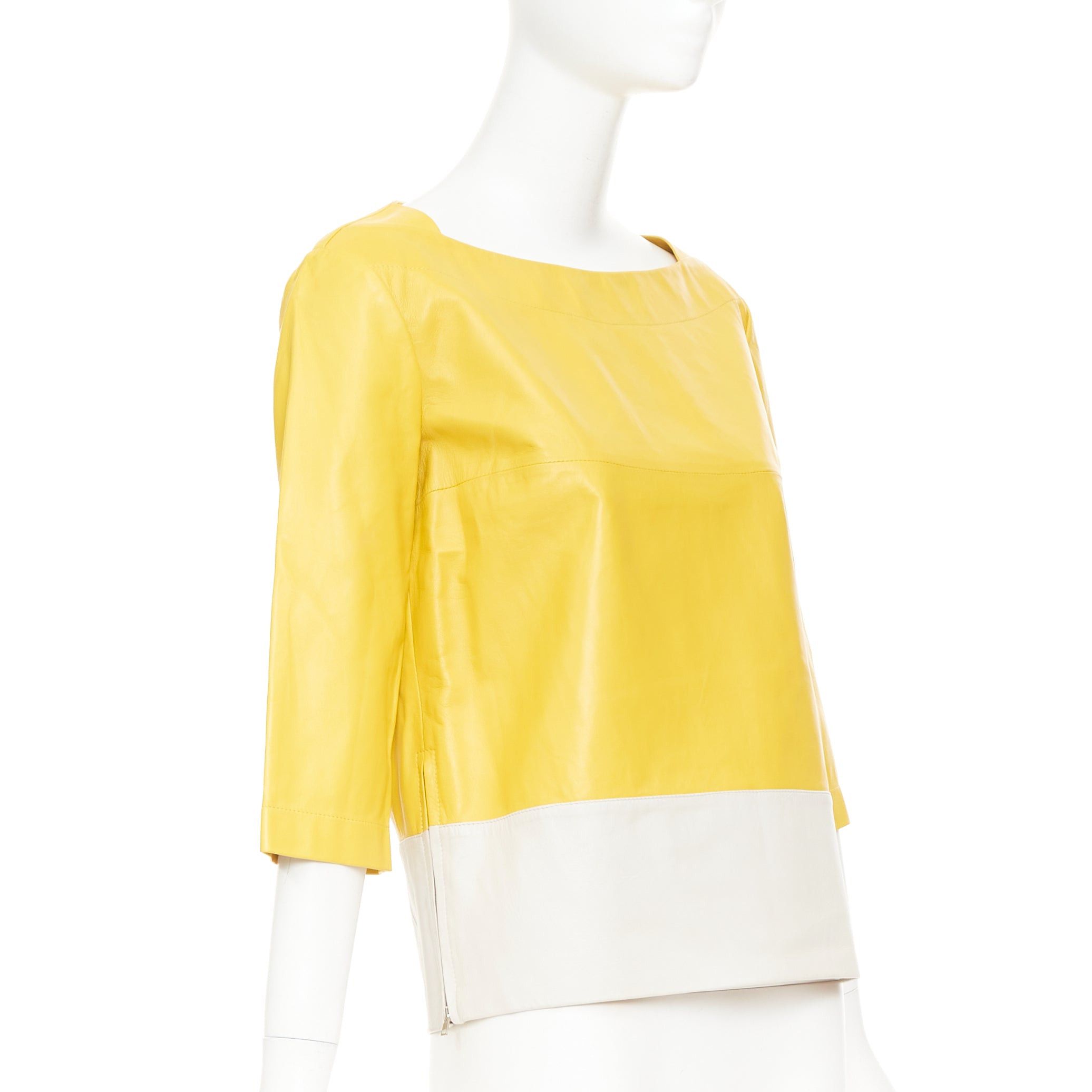 Marni MARNI 2014 yellow off-white lambskin leather colorblock boat neck top IT38 XS Size XS / US 0-2 / IT 36-38 - 3 Thumbnail
