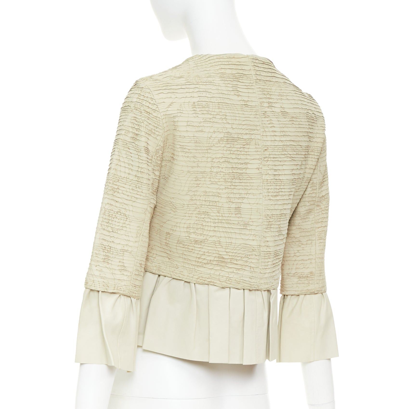 Valentino VALENTINO beige lambskin leather floral tiered laser cut ruffle cropped jacket IT40 S Size S / US 4 / IT 40 - 7 Thumbnail
