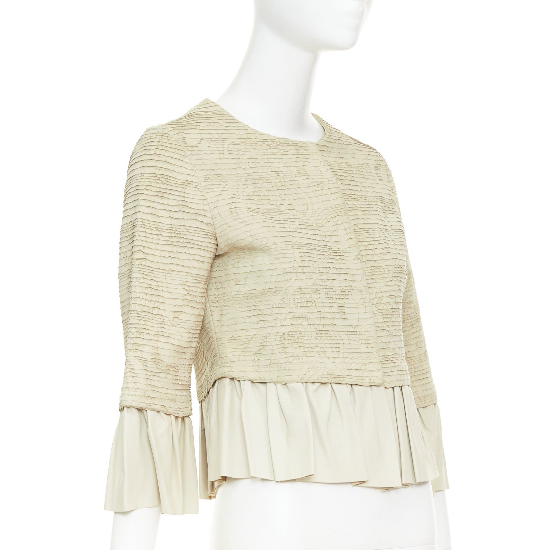 Valentino VALENTINO beige lambskin leather floral tiered laser cut ruffle cropped jacket IT40 S Size S / US 4 / IT 40 - 4 Thumbnail