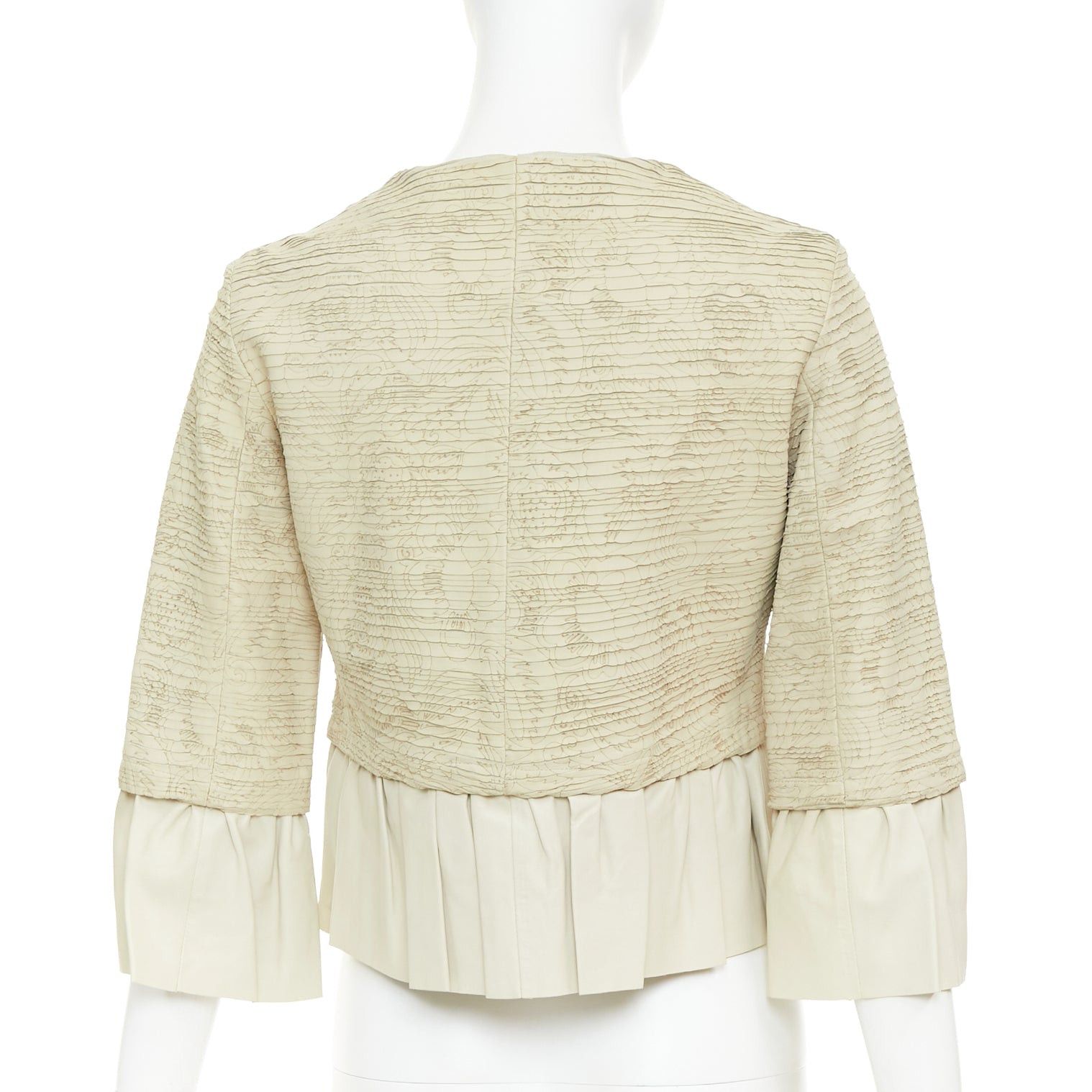 Valentino VALENTINO beige lambskin leather floral tiered laser cut ruffle cropped jacket IT40 S Size S / US 4 / IT 40 - 6 Thumbnail