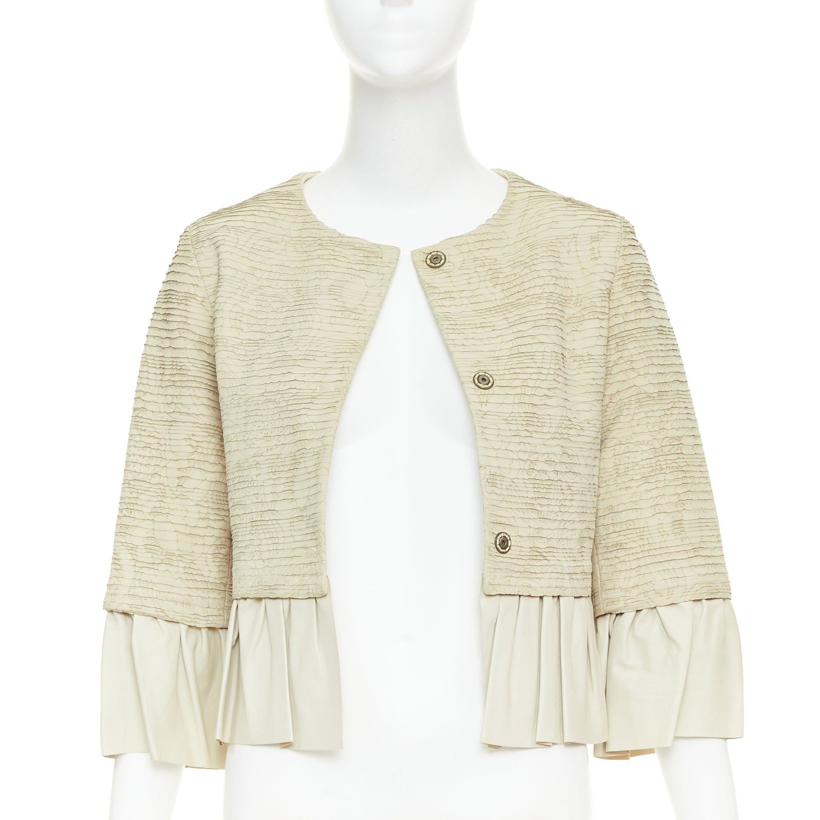 Valentino VALENTINO beige lambskin leather floral tiered laser cut ruffle cropped jacket IT40 S Size S / US 4 / IT 40 - 3 Thumbnail