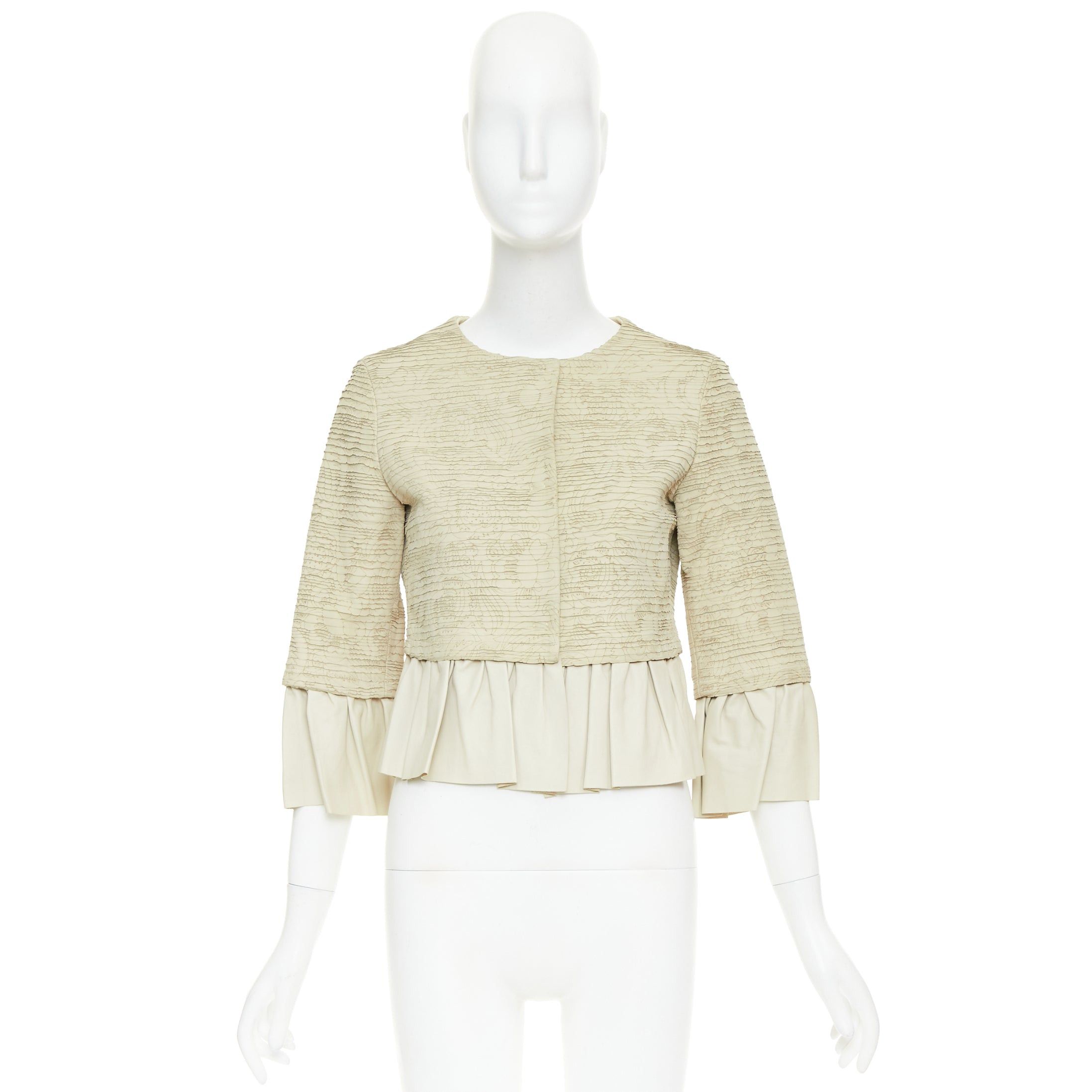 Valentino VALENTINO beige lambskin leather floral tiered laser cut ruffle cropped jacket IT40 S Size S / US 4 / IT 40 - 10 Thumbnail