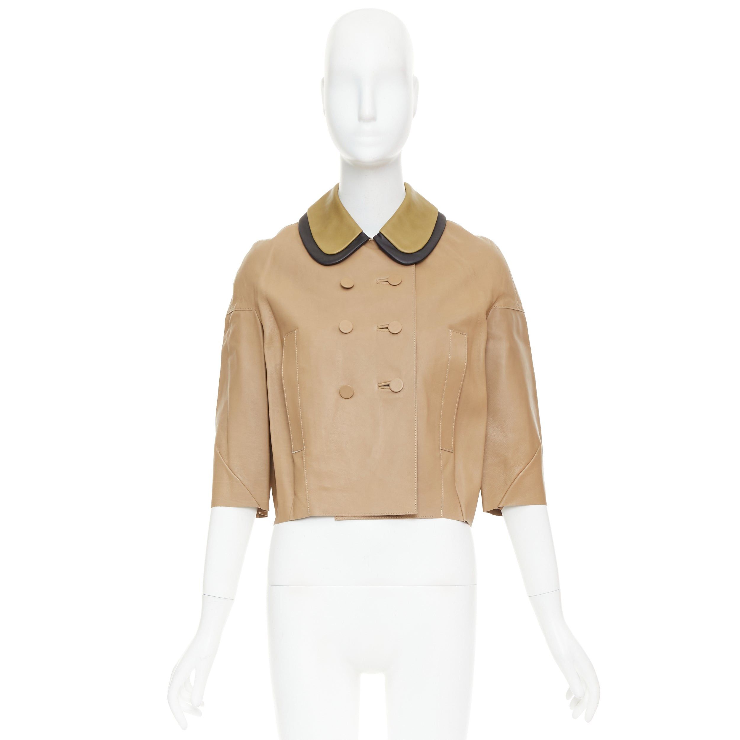 Marni MARNI brown leather green black double collar cropped double breasted jacket IT36 XXS Size XS / US 0-2 / IT 36-38 - 10 Thumbnail