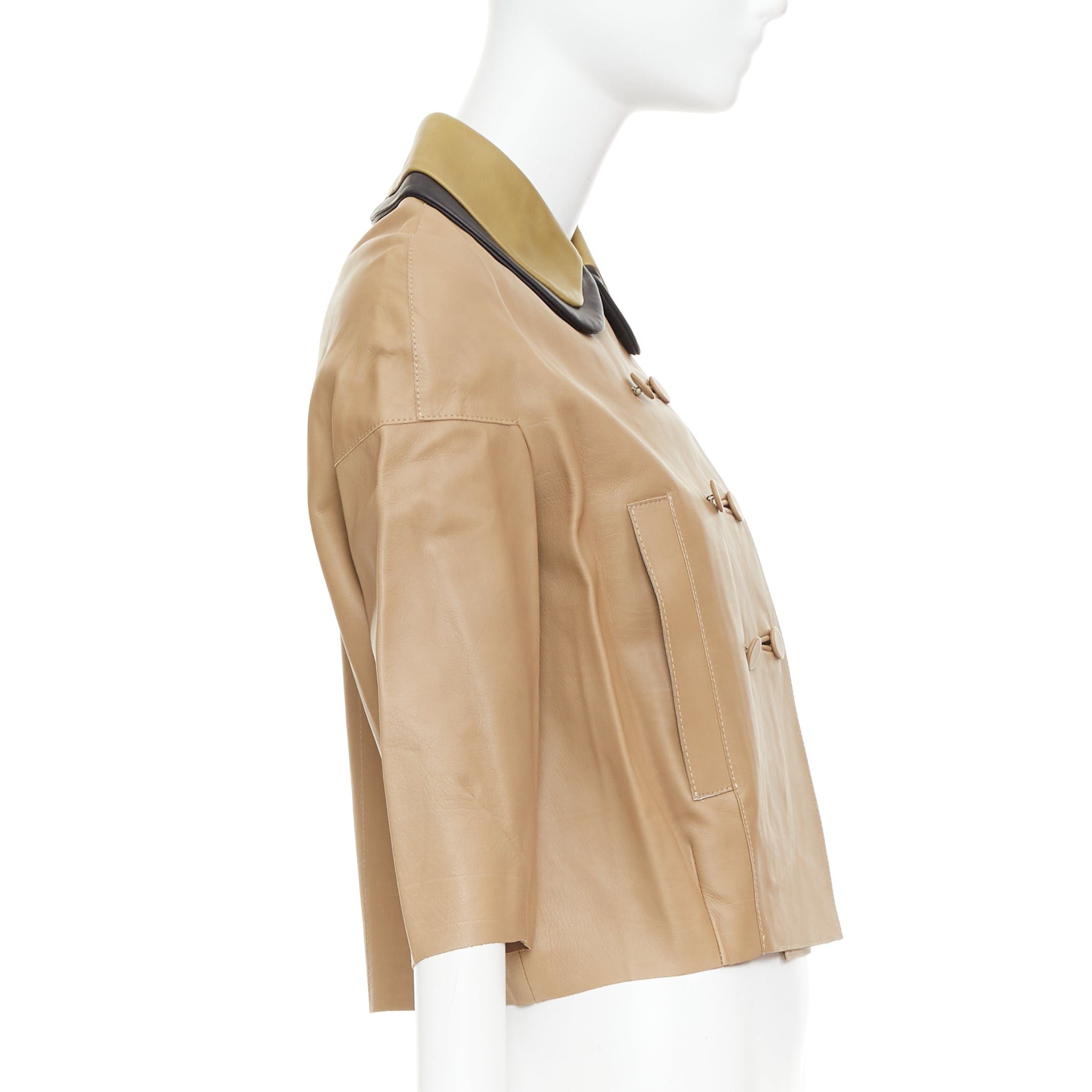 Marni MARNI brown leather green black double collar cropped double breasted jacket IT36 XXS Size XS / US 0-2 / IT 36-38 - 5 Thumbnail