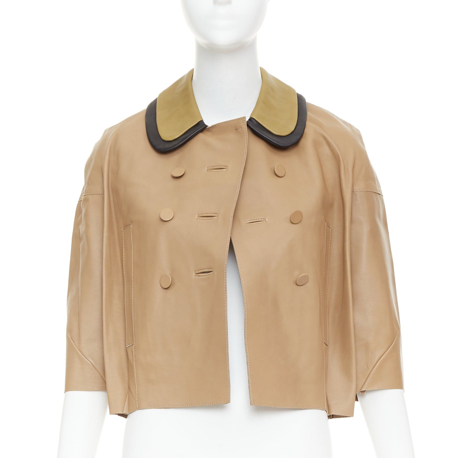 Marni MARNI brown leather green black double collar cropped double breasted jacket IT36 XXS Size XS / US 0-2 / IT 36-38 - 3 Thumbnail