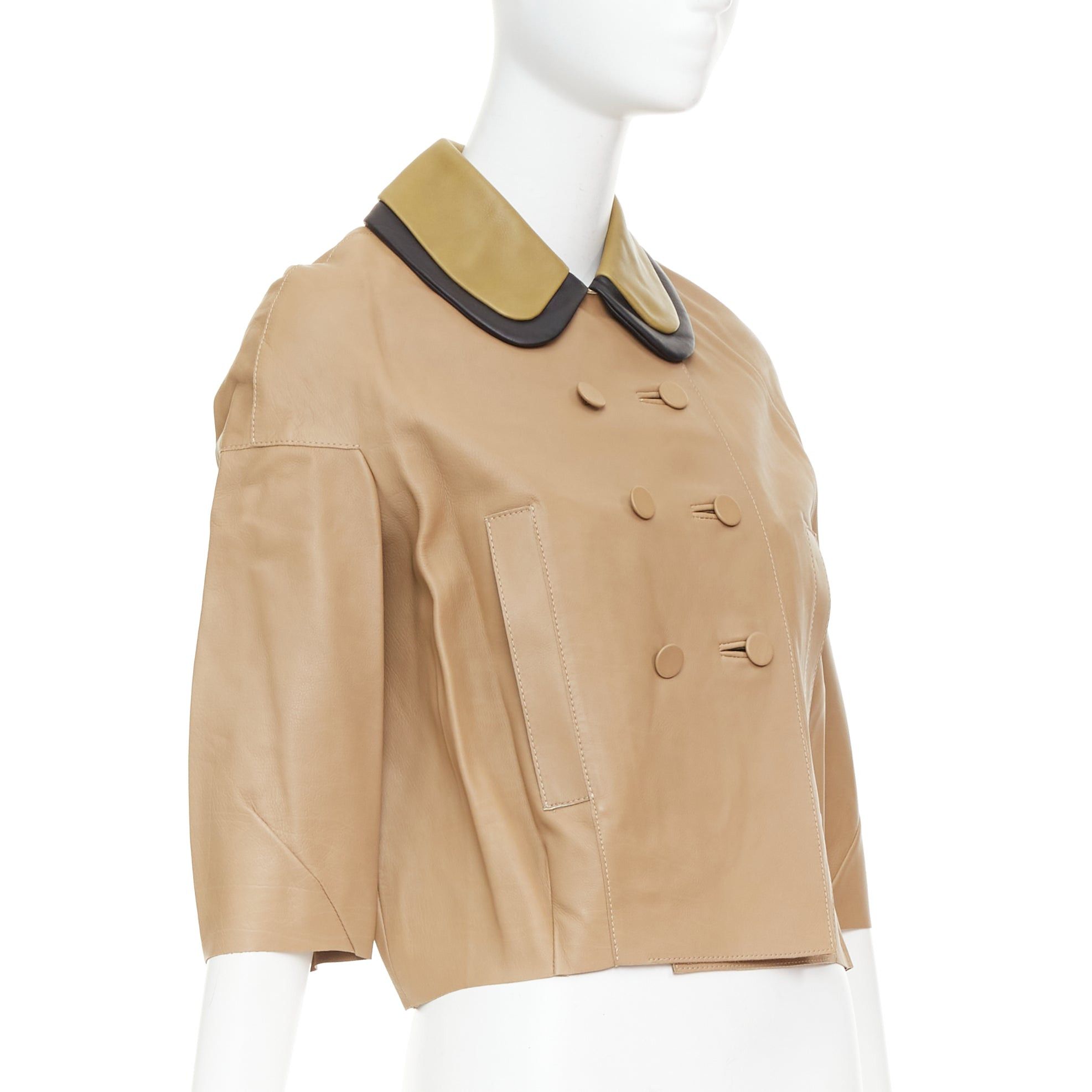 Marni MARNI brown leather green black double collar cropped double breasted jacket IT36 XXS Size XS / US 0-2 / IT 36-38 - 4 Thumbnail