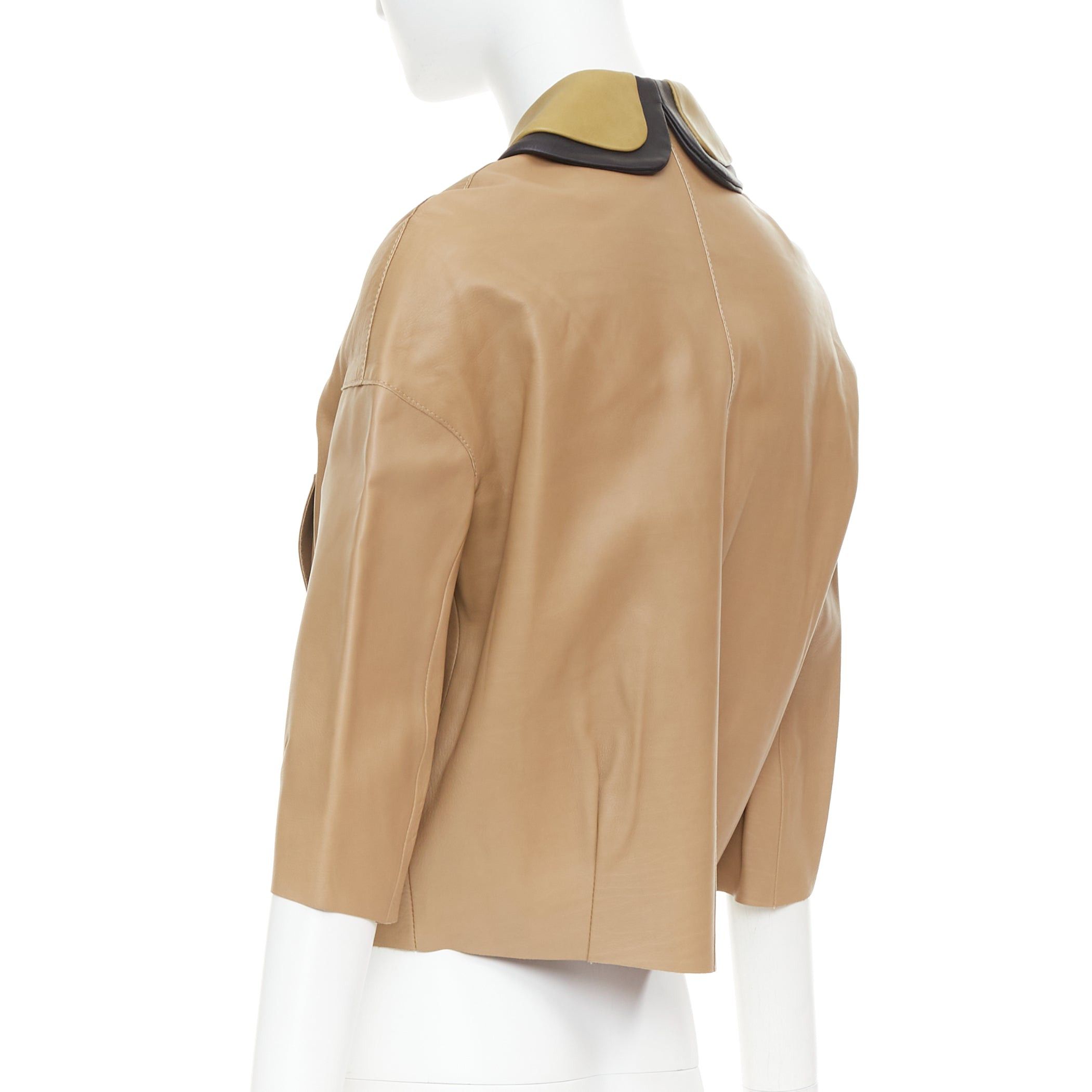 Marni MARNI brown leather green black double collar cropped double breasted jacket IT36 XXS Size XS / US 0-2 / IT 36-38 - 7 Thumbnail