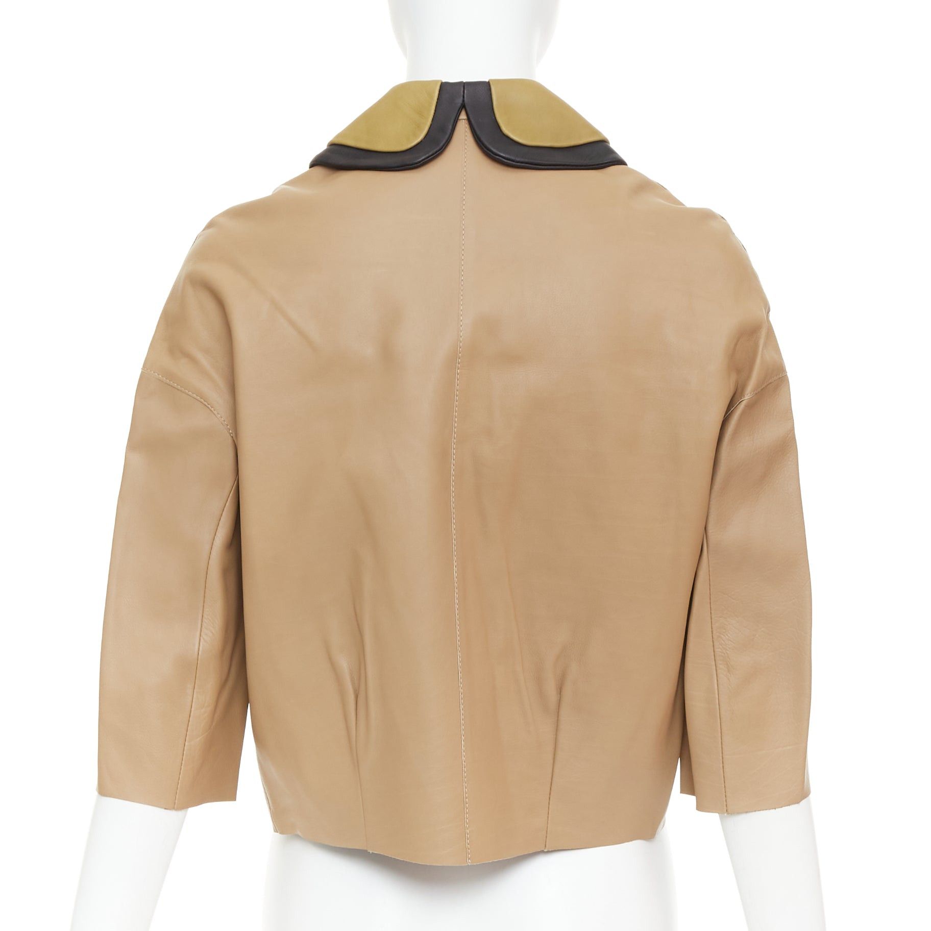 Marni MARNI brown leather green black double collar cropped double breasted jacket IT36 XXS Size XS / US 0-2 / IT 36-38 - 6 Thumbnail