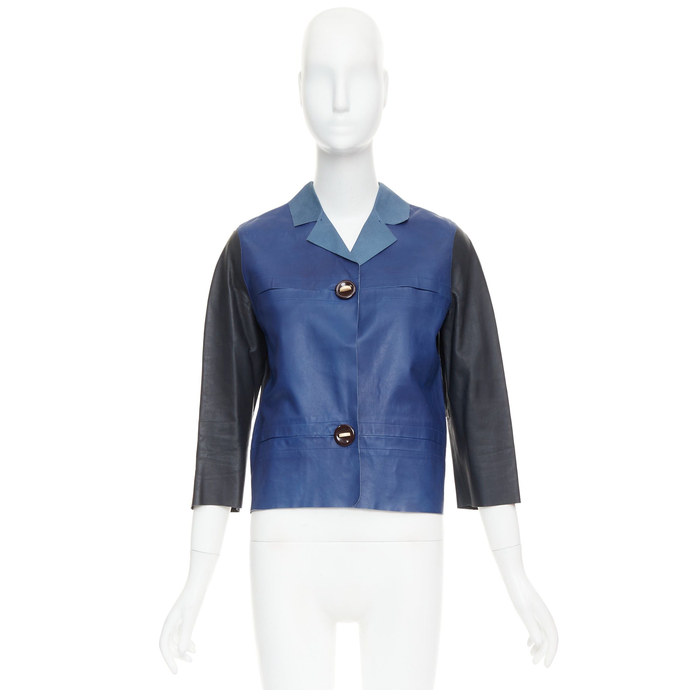 Marni MARNI blue black colorblocked calf leather geometric buttons cropped jacket IT40 S Size S / US 4 / IT 40 - 10 Thumbnail