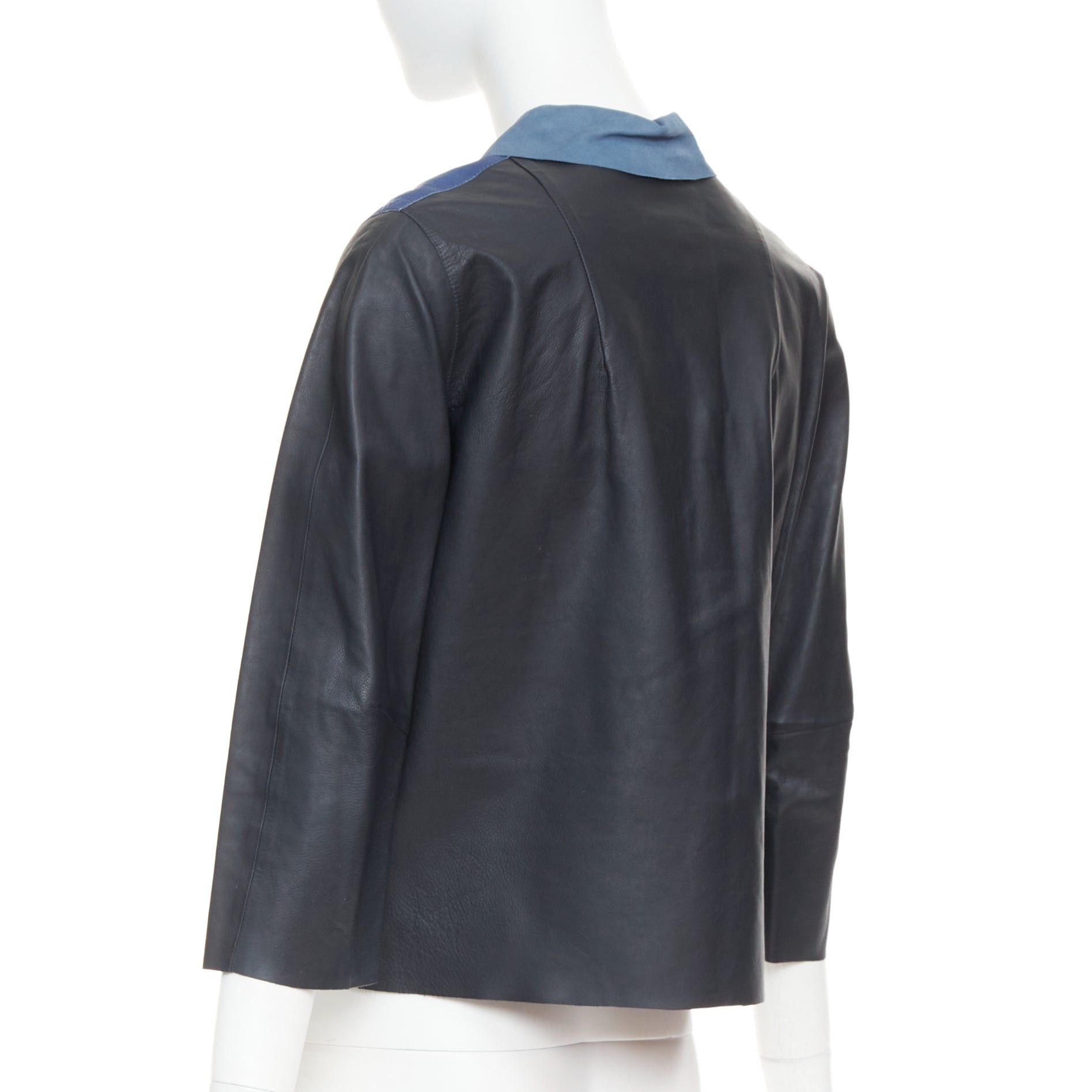Marni MARNI blue black colorblocked calf leather geometric buttons cropped jacket IT40 S Size S / US 4 / IT 40 - 7 Thumbnail