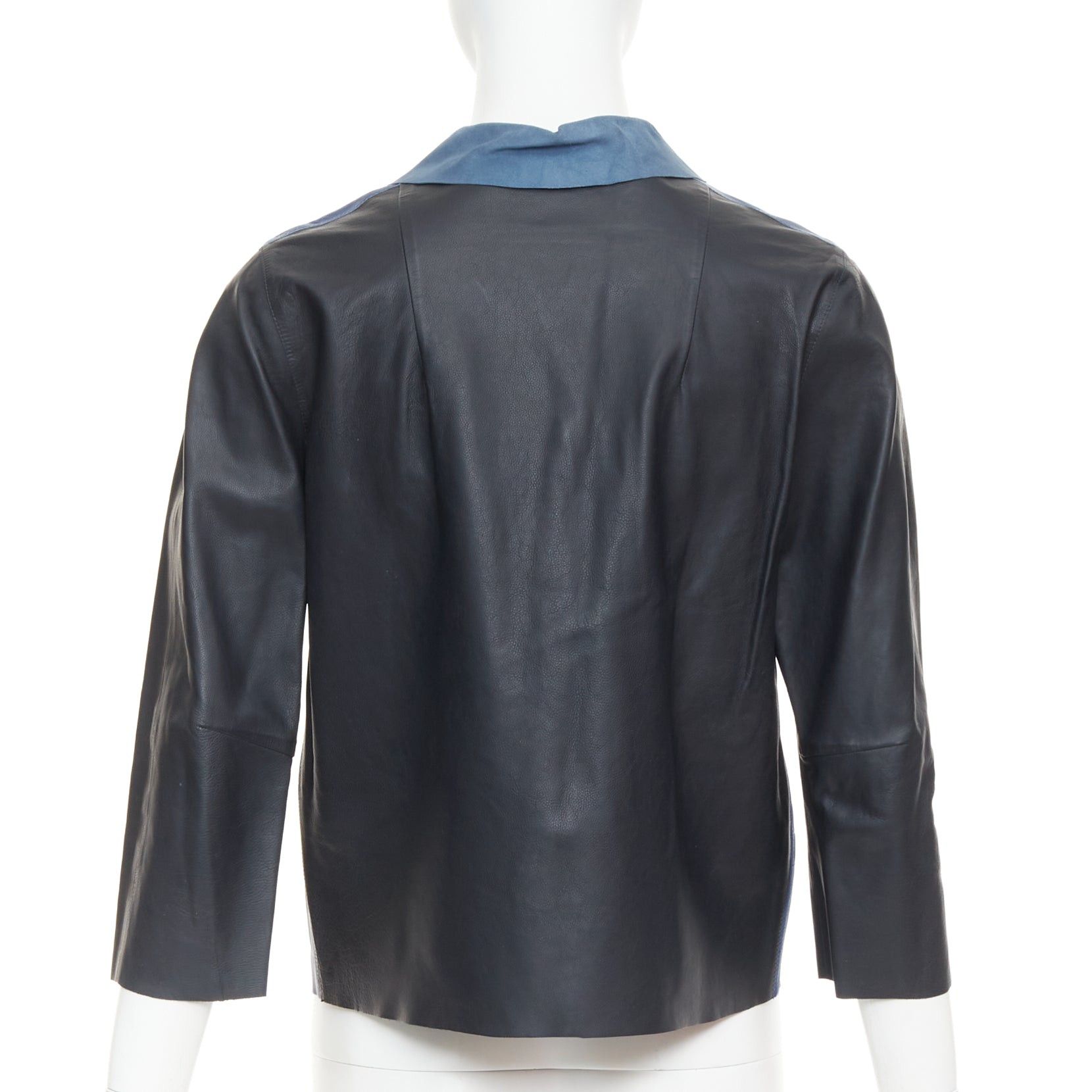 Marni MARNI blue black colorblocked calf leather geometric buttons cropped jacket IT40 S Size S / US 4 / IT 40 - 6 Thumbnail