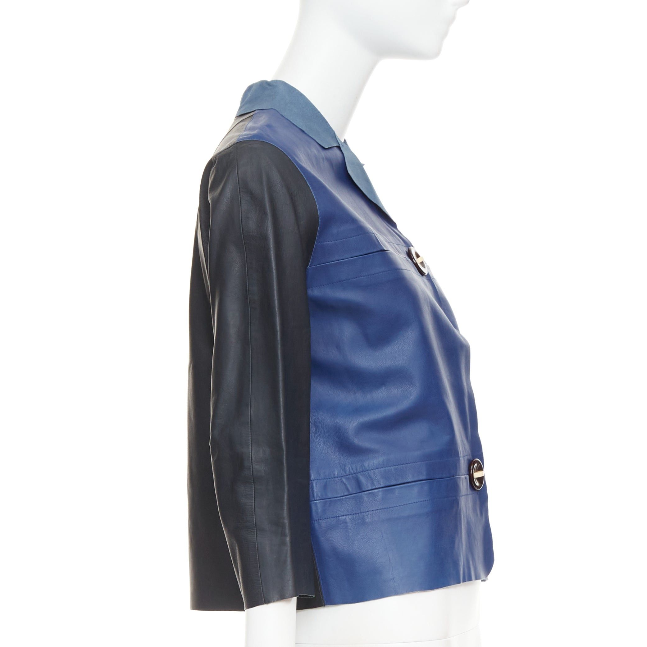 Marni MARNI blue black colorblocked calf leather geometric buttons cropped jacket IT40 S Size S / US 4 / IT 40 - 5 Thumbnail
