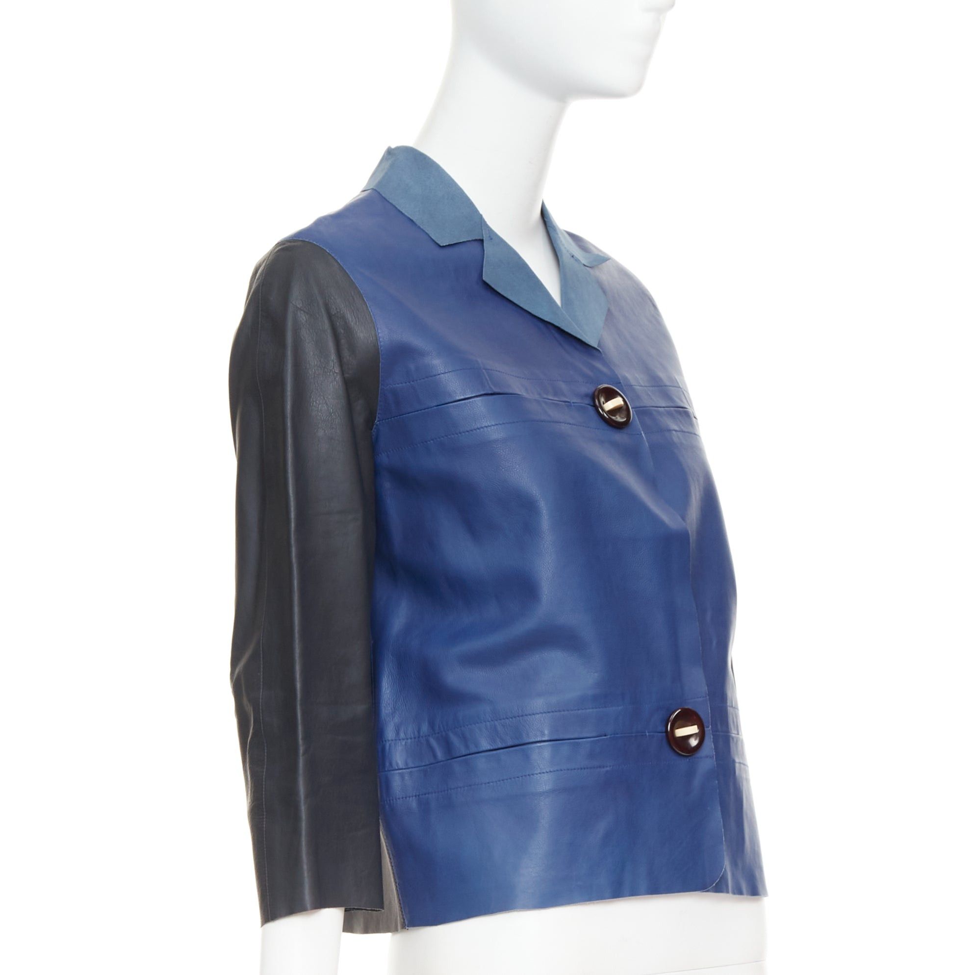 Marni MARNI blue black colorblocked calf leather geometric buttons cropped jacket IT40 S Size S / US 4 / IT 40 - 4 Thumbnail